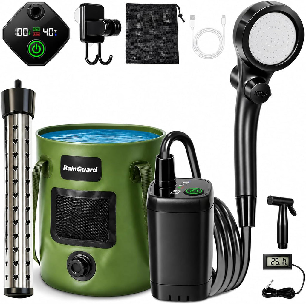 [2026 Upgraded Built-in Water Pump] Rechargeable Filtered Shower Head, Portable Camping Shower with Foldable Bucket, LED Light Camp Shower for Car Wash, Pet Bathing, Outdoor Travel & Watering Plants