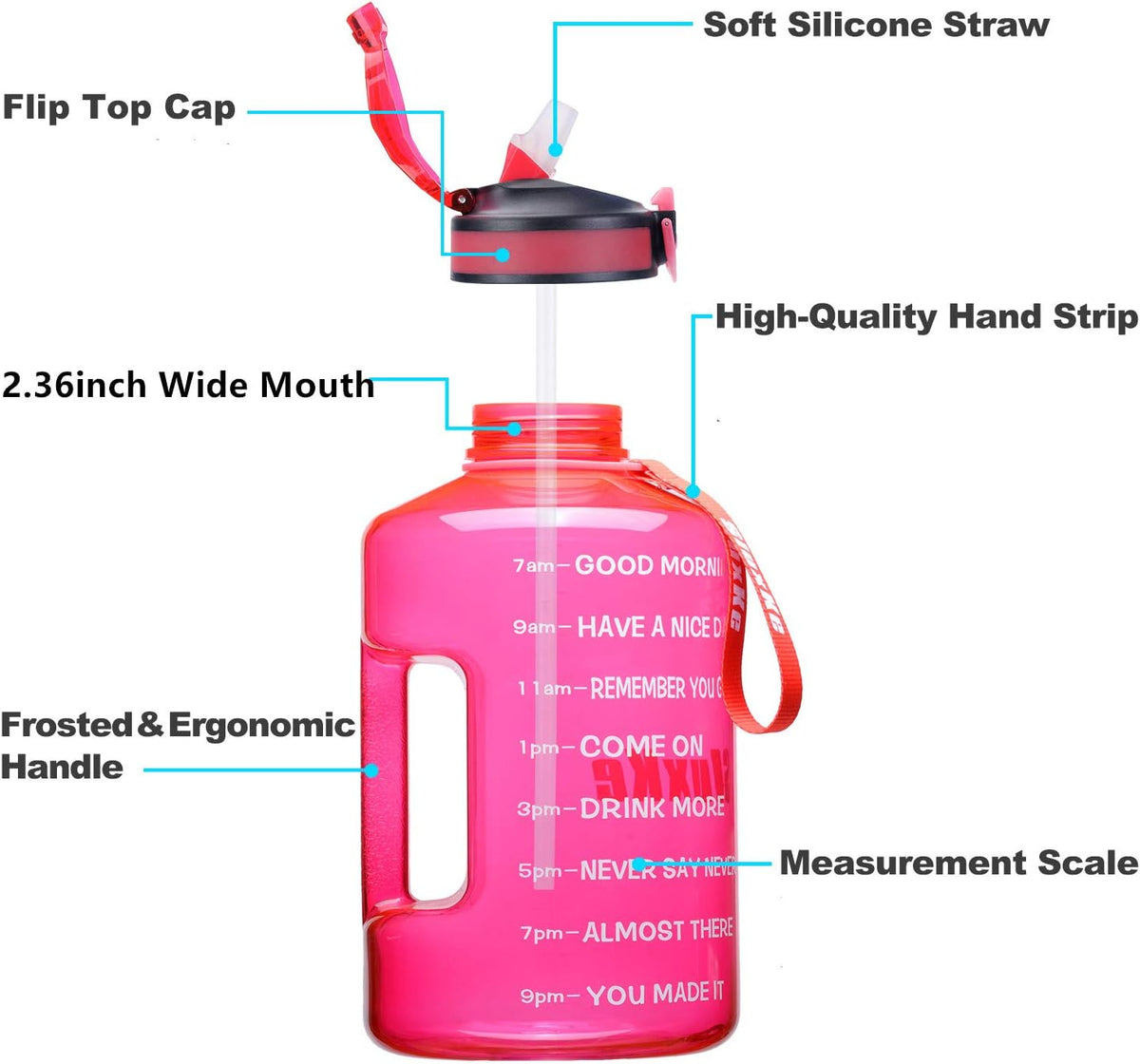 SLUXKE 1 Gallon Water Bottle with Time Marker and Straw, BPA Free 128oz Leak Proof Motivational Large Water Bottle Jug with Handle, Pop Up Open Sports Big Bottle Jug with Comfortable Silicone Nozzle