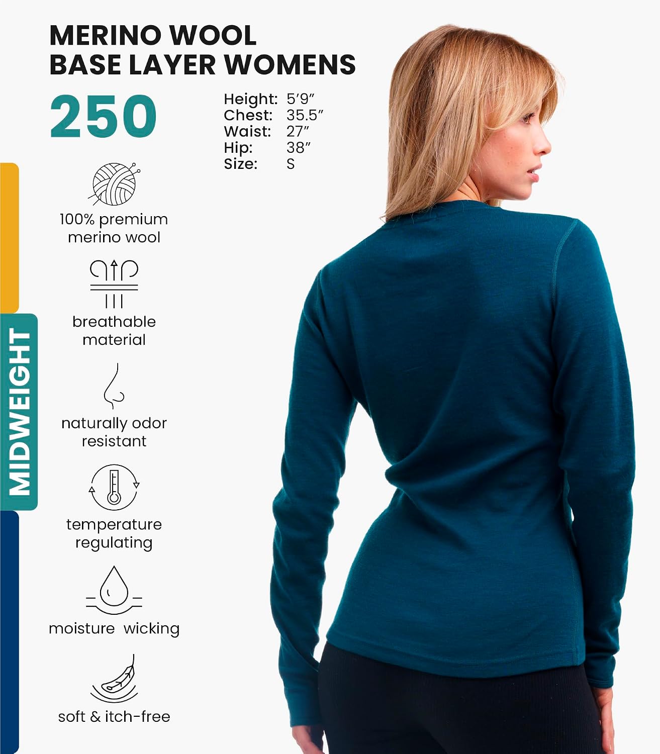 100% Merino Wool Base Layer Women - Long Sleeve Thermal Shirt with Socks