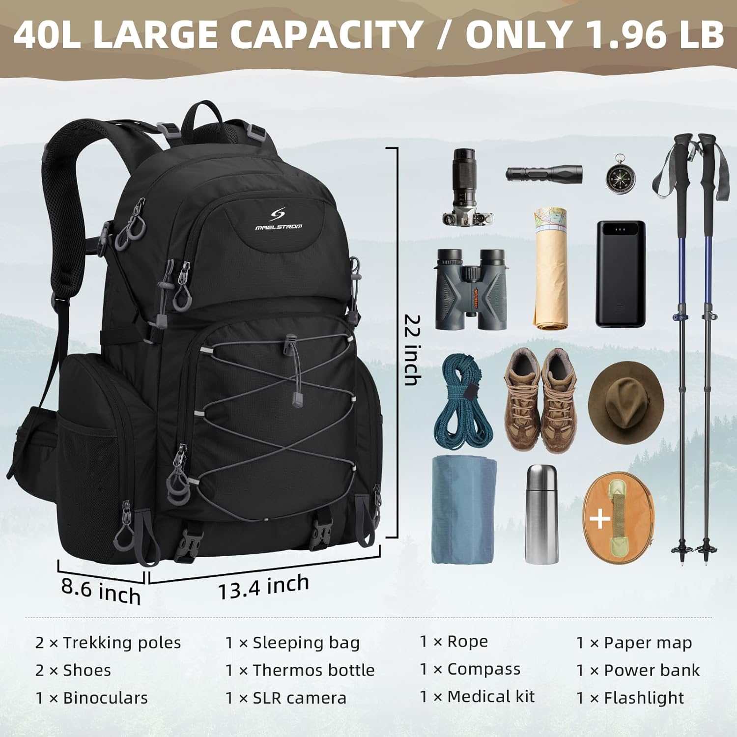 Maelstrom 40L Waterproof Hiking Backpack, Lightweight Travel Daypack | Rain Cover,Hydration-Ready, Tripod Straps, Load Compression, Survival Whistle, Perfect For Men, Women,Camping,Travel