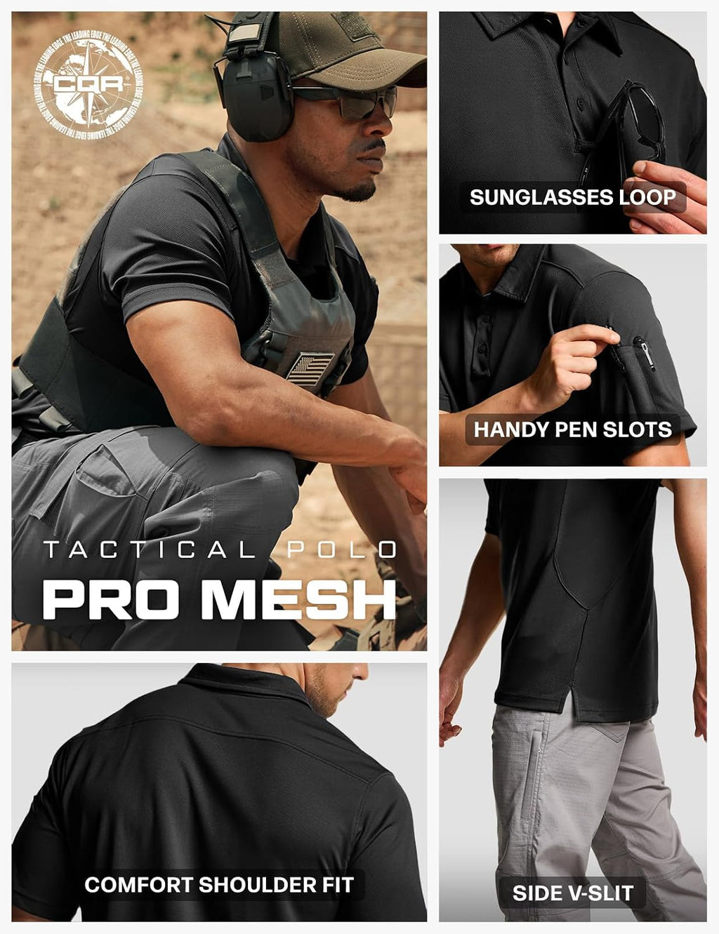 CQR Men's Quick Dry Tactical Polo Shirt, Lightweight Breathable Performance Polo, Short Sleeve UPF 50+ Outdoor Golf Shirt