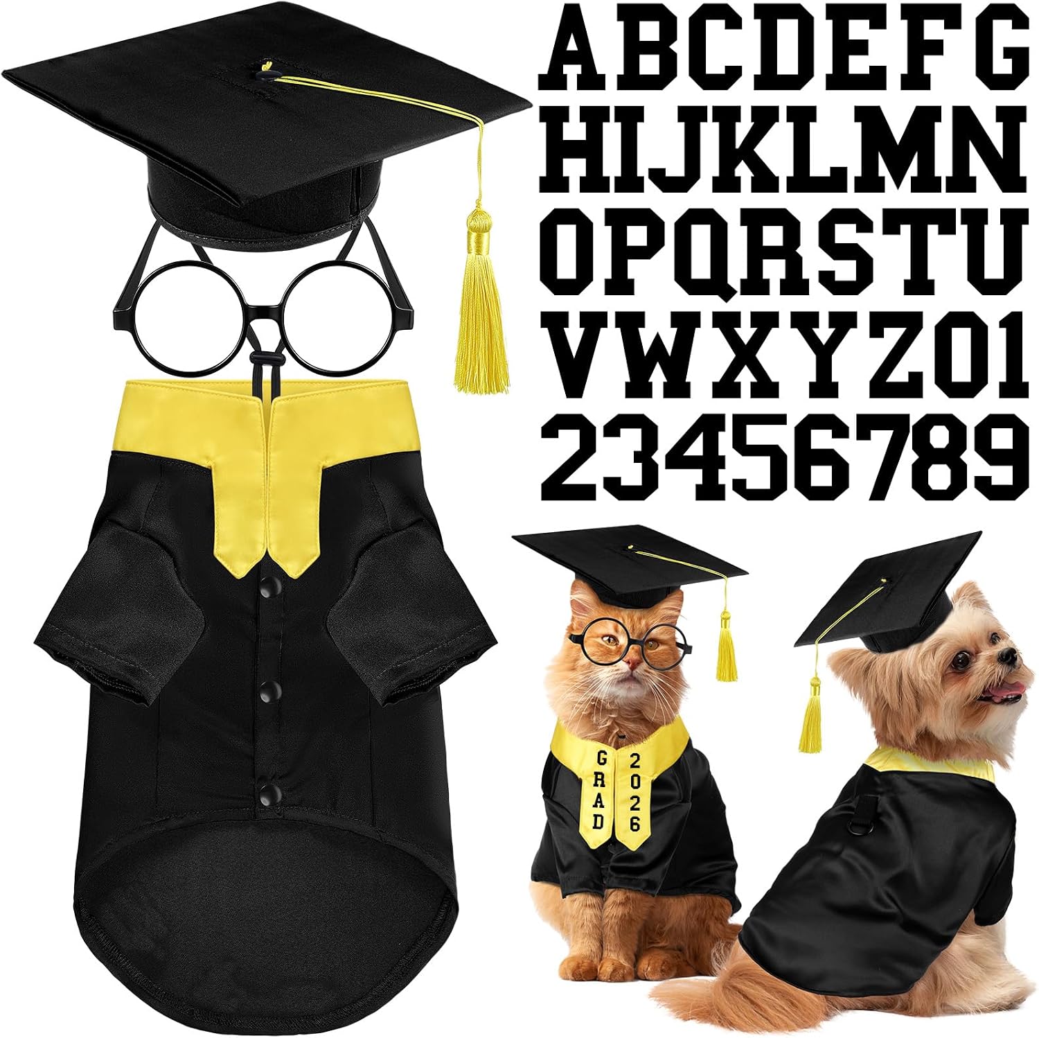 Huhumy 5 Pcs Dog Graduation Costume Set Include 2026 Pet Graduation Gown with Stole Puppy Grad Cap Lensless Glasses DIY Letter Stickers for Dogs Cats Holiday Costume Accessory(Black Yellow,S)