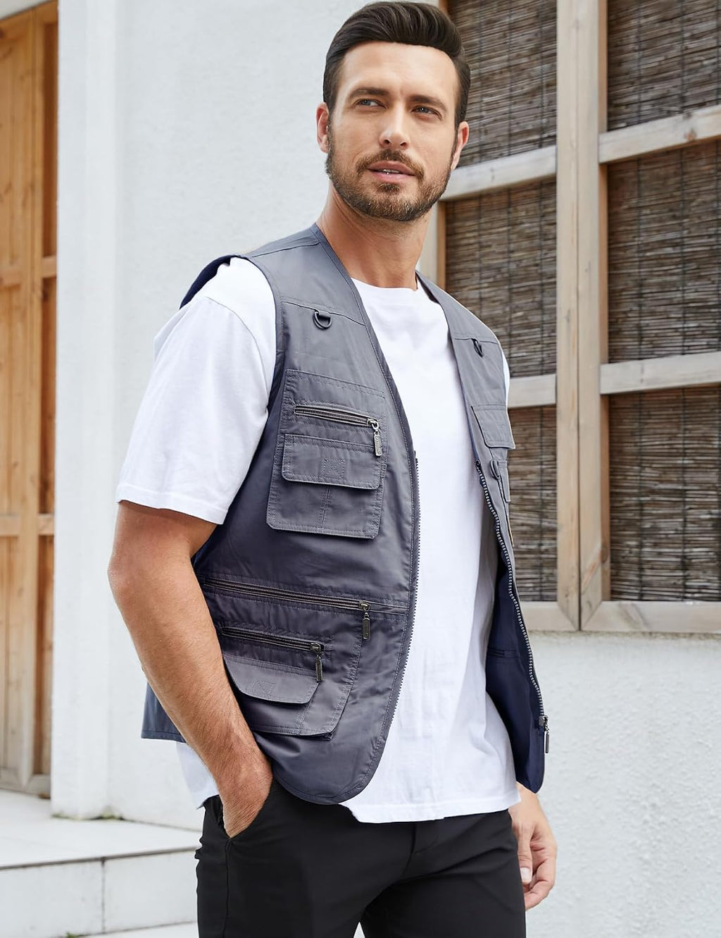 Gihuo Men's Fishing Vest Utility Safari Travel Vest with Pockets Outdoor Work Photo Cargo Fly Summer Vest