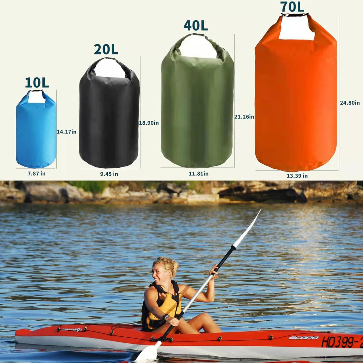 CMCOOPLX 10L/20L/40L/70L Waterproof Dry Bags, Lightweight Canoe Storage for Kayaking Rafting Boating Hiking Camping Travel Fishing Sea Swimming