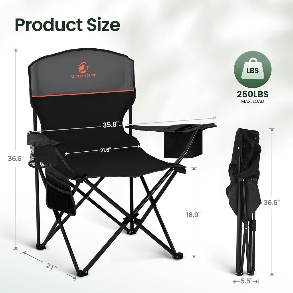 2 Pack Portable Camping Chairs for Adults Lawn Chairs Support 250 lbs Black