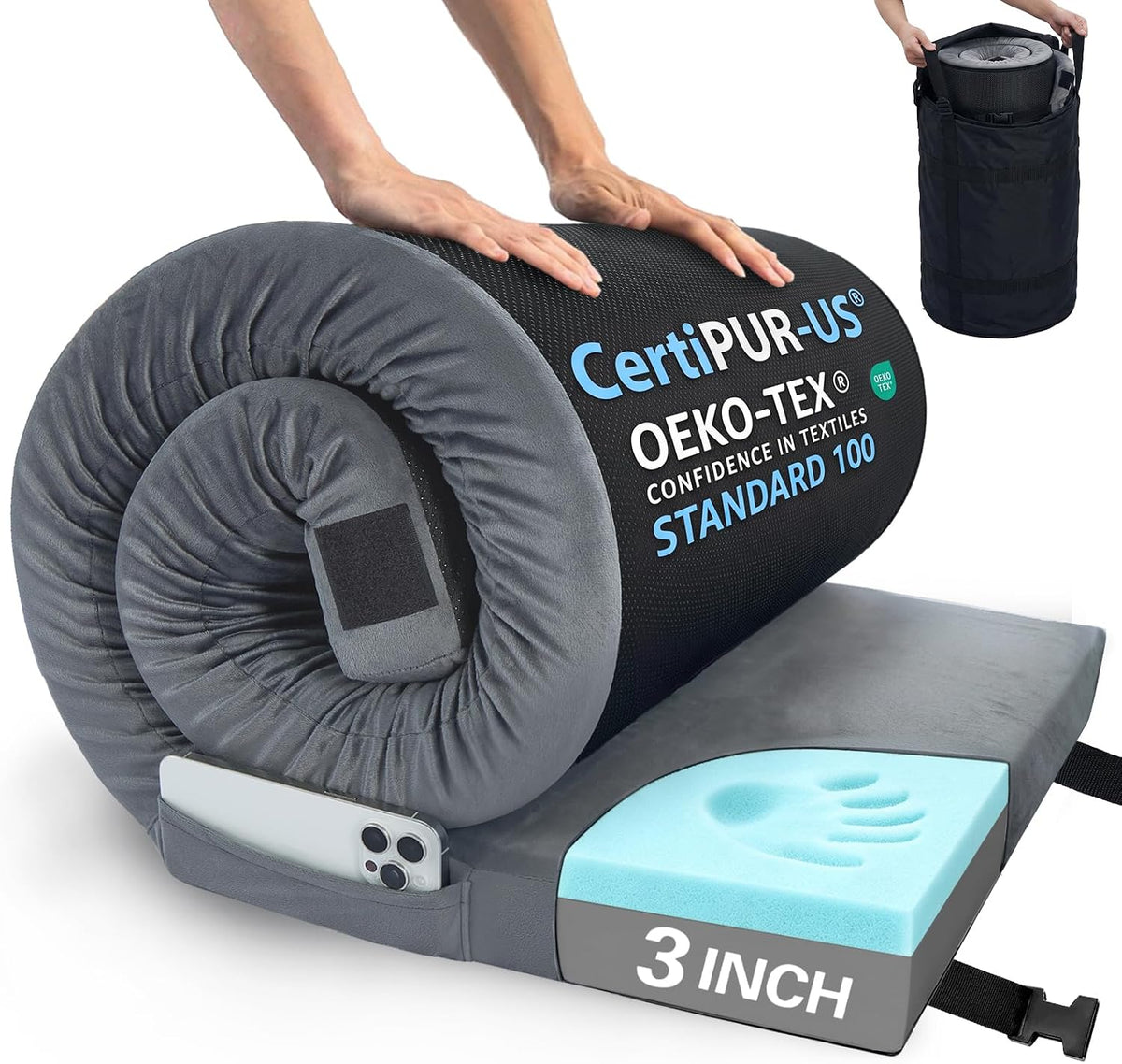 3 Inch Memory Foam Camping Mattress Pad with Storage Bag, Portable Roll Up Sleeping Pad for Car Camping, Waterproof Sleeping Mat with Removable Cover for Camping Cot Tent Truck Travel and Guest Use