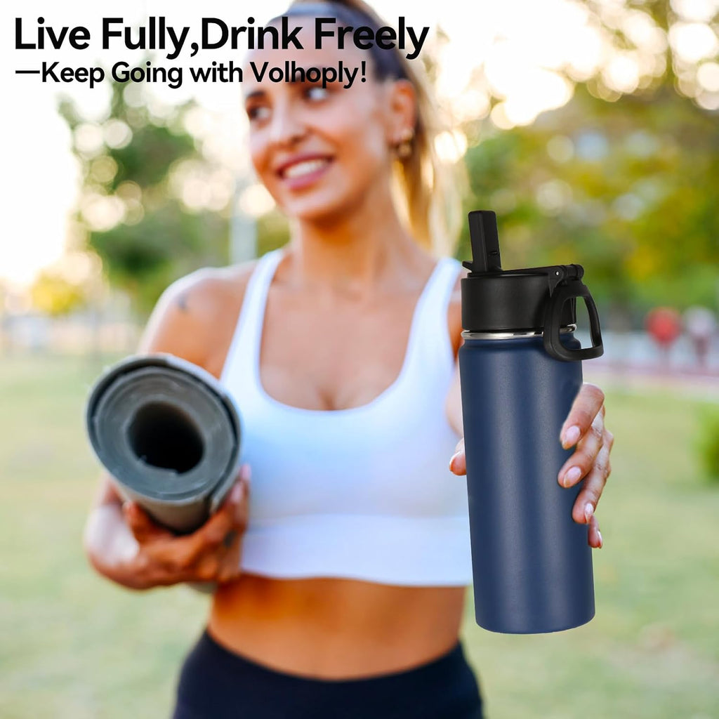 Volhoply 16 OZ Kids Water Bottle Bulk 8 Pack,Insulated Sports Bottles with Straw Lid,Stainless Steel Bottle with Handle Keep Cold & Hot,Double Wall Vacuum Tumbler Cups for School,Girls(Navy, 8)