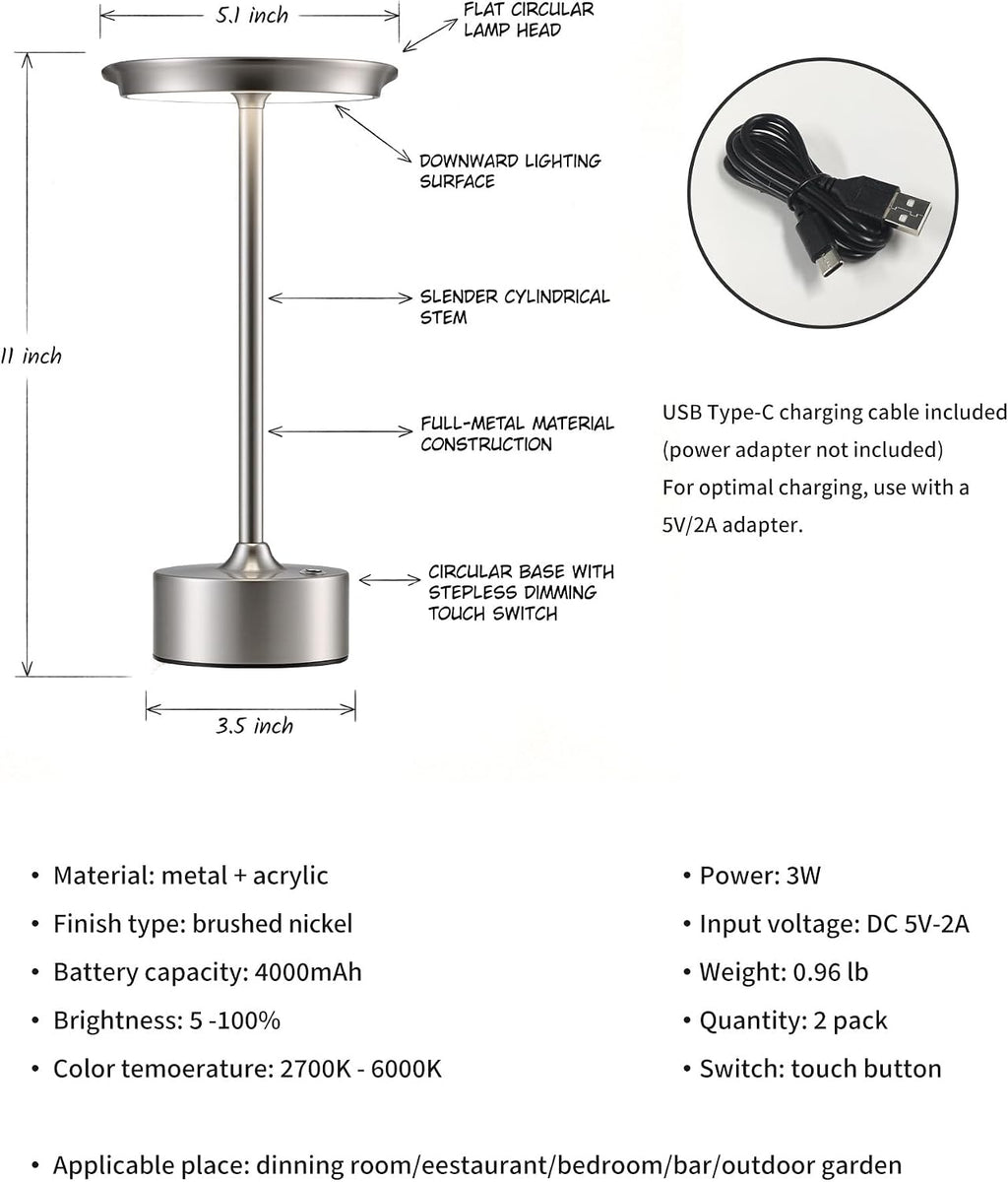 PUSU Rechargeable Table Lamps Set of 2, Nickel Cordless Portable Desk Lamp