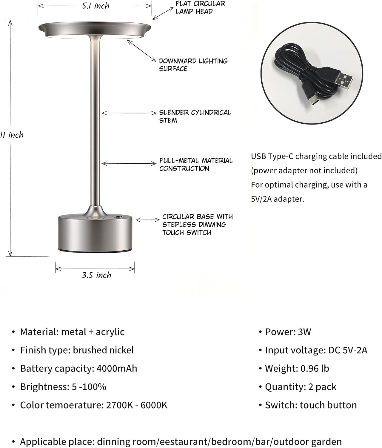 PUSU Rechargeable Table Lamps Set of 2, Nickel Cordless Portable Desk Lamp