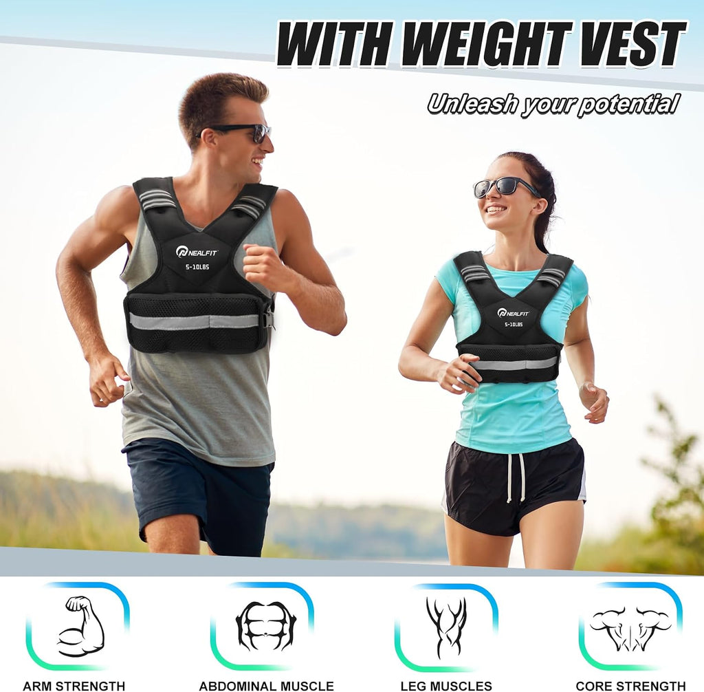 NEALFIT Weighted Vest for Women and Men, 5-10lb/11-20lb/18-30lb Adjustable Weighted Vest with Reflective Strip, Body Weight Vest for Walking, Running, Fitness, Strength Training