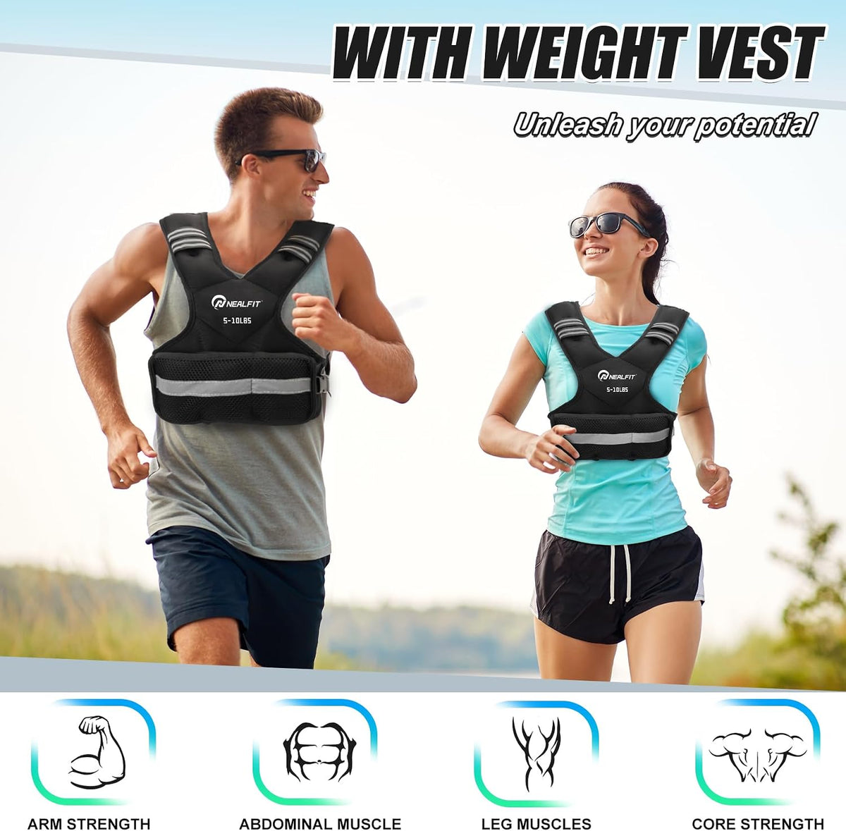 NEALFIT Weighted Vest for Women and Men, 5-10lb/11-20lb/18-30lb Adjustable Weighted Vest with Reflective Strip, Body Weight Vest for Walking, Running, Fitness, Strength Training