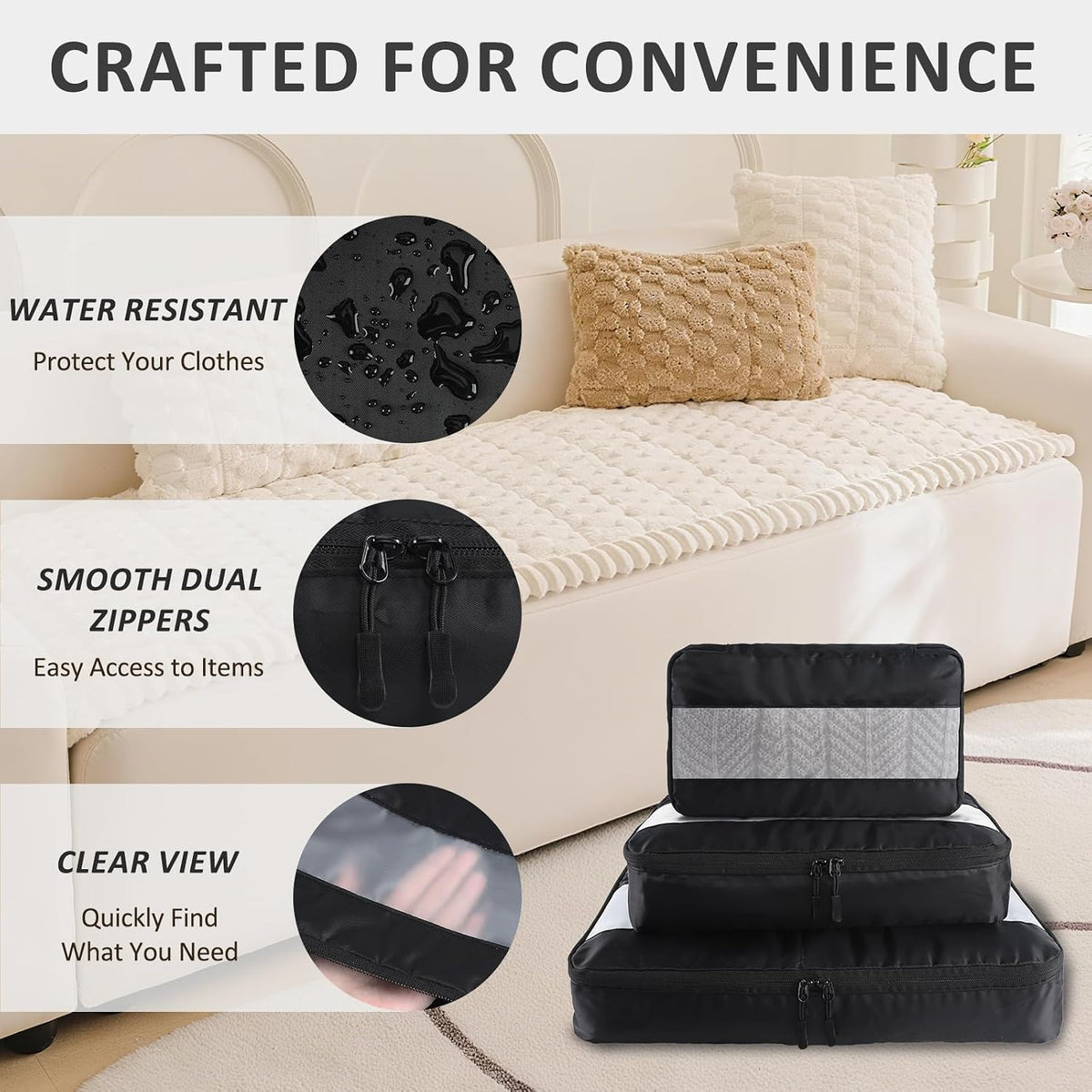 U+U 5 Set Packing Cubes, Travel Organizers with Shoe Bag (Black)