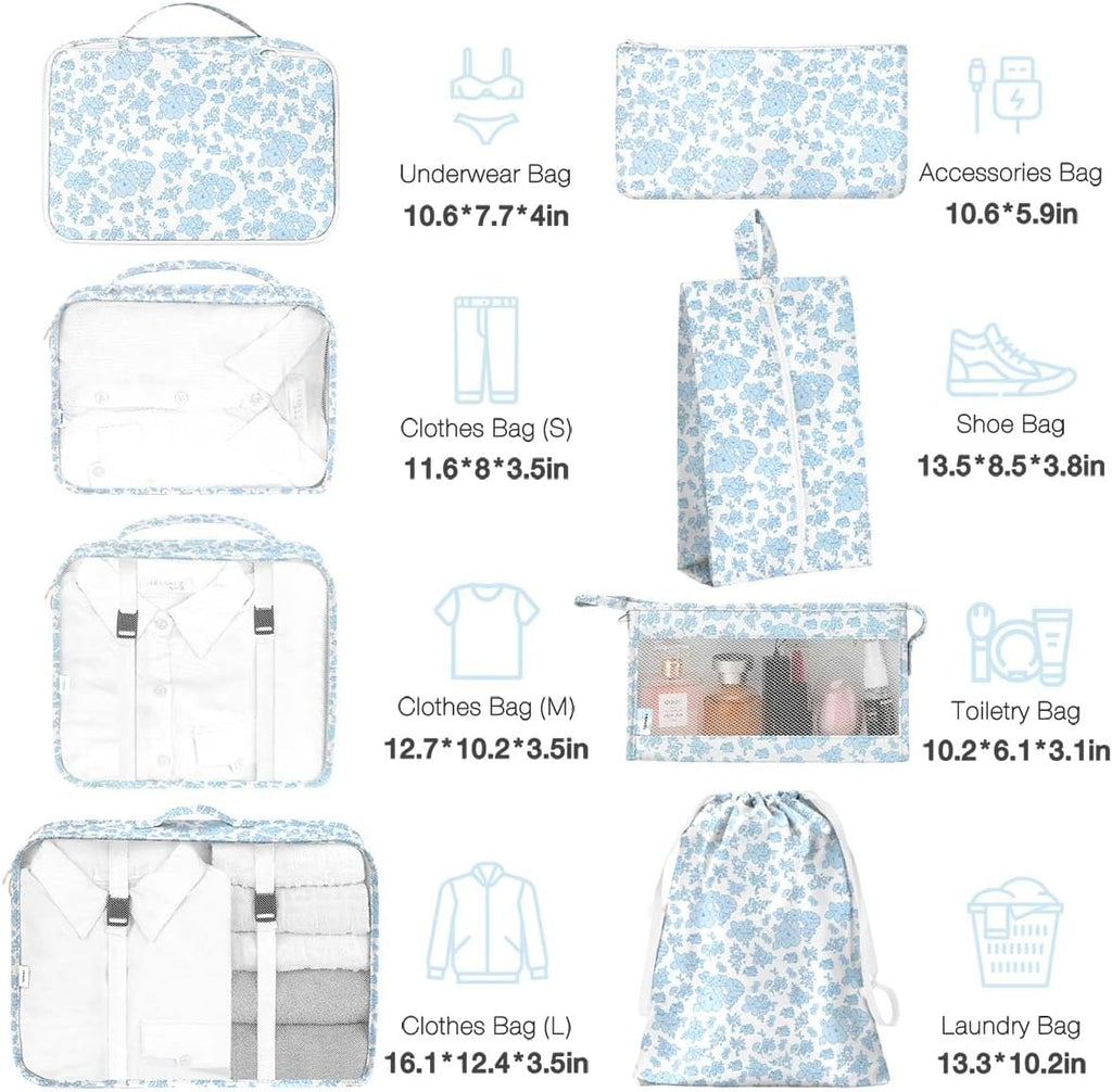 8 Set Packing Cubes for Suitcases,Packing Cube with Shoe, Cosmetics, Clothing, and Accessories Bags Packing Cubes for Travel Luggage Organizer Women Men(Blue Flowers)