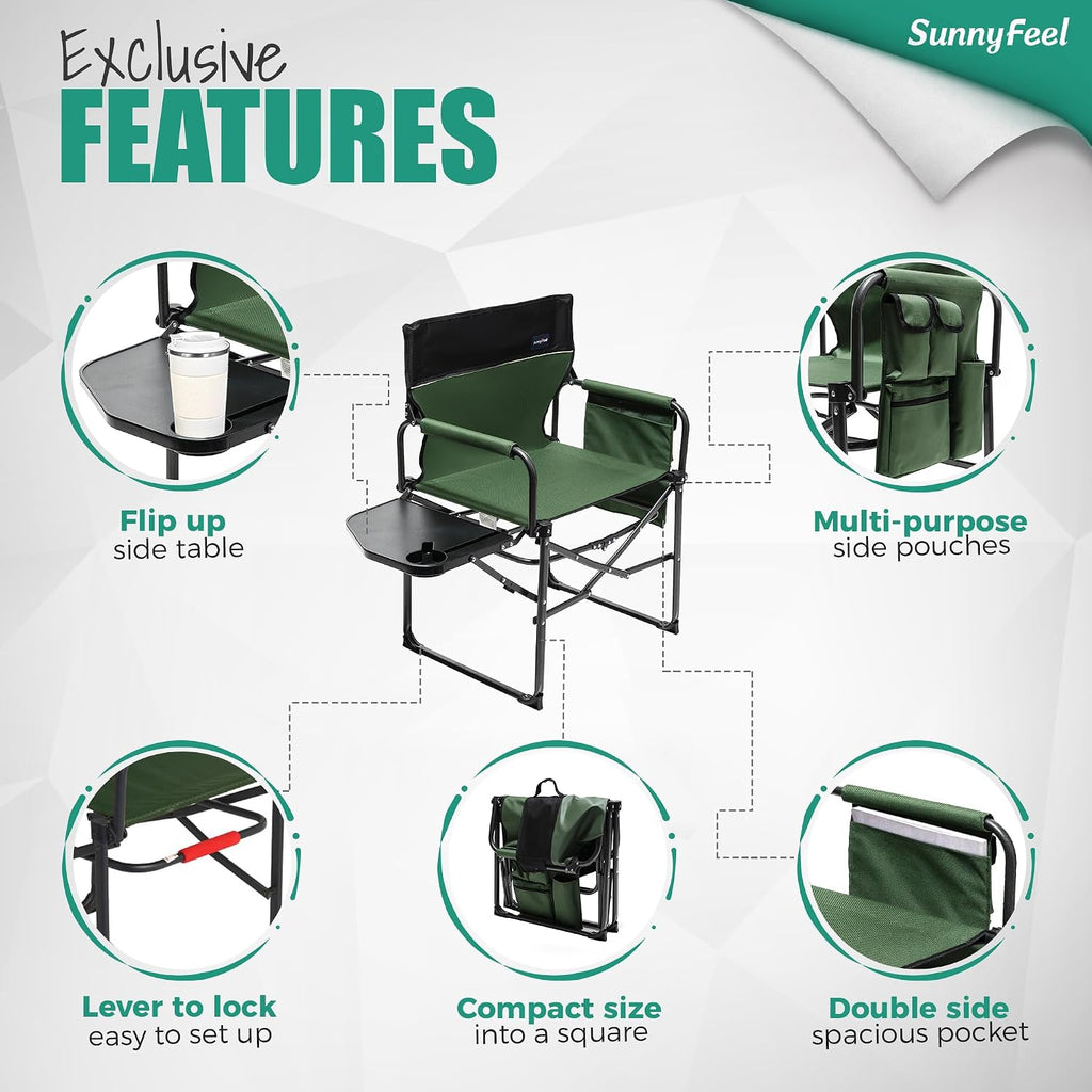 SUNNYFEEL Oversized Camping Chair Portable Directors Chairs with Side Table