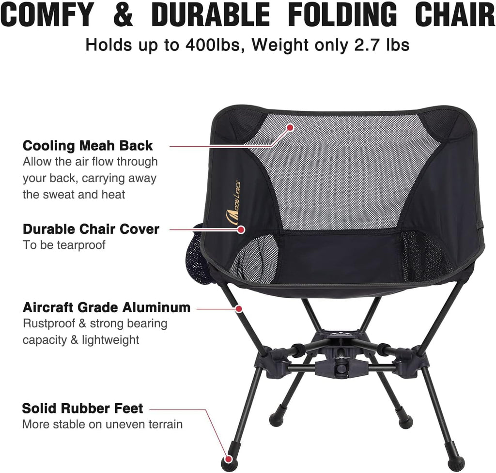 MOON LENCE Portable Camping Chair Backpacking Chair - The 4th Generation Ultralight Folding Chair - Compact, Lightweight Foldable Chairs for Hiking Mountaineering, Beach (Black-1Pack (Glod-Logo))