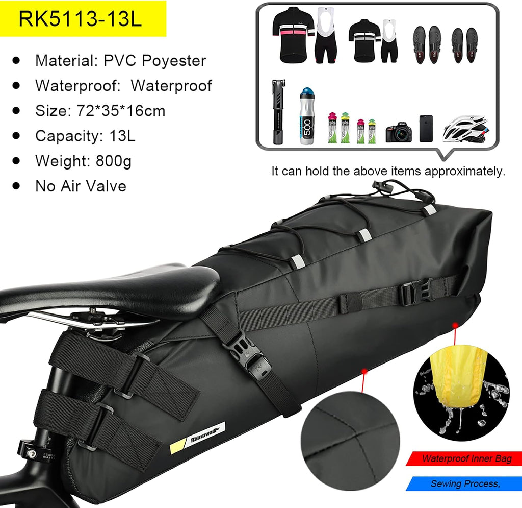 Bike Saddle Bag Waterproof Bike Seat Bag Expandable Capacity Cycling Under Seat Pouch for Mountain Road Biking and Commuting Trips 13L