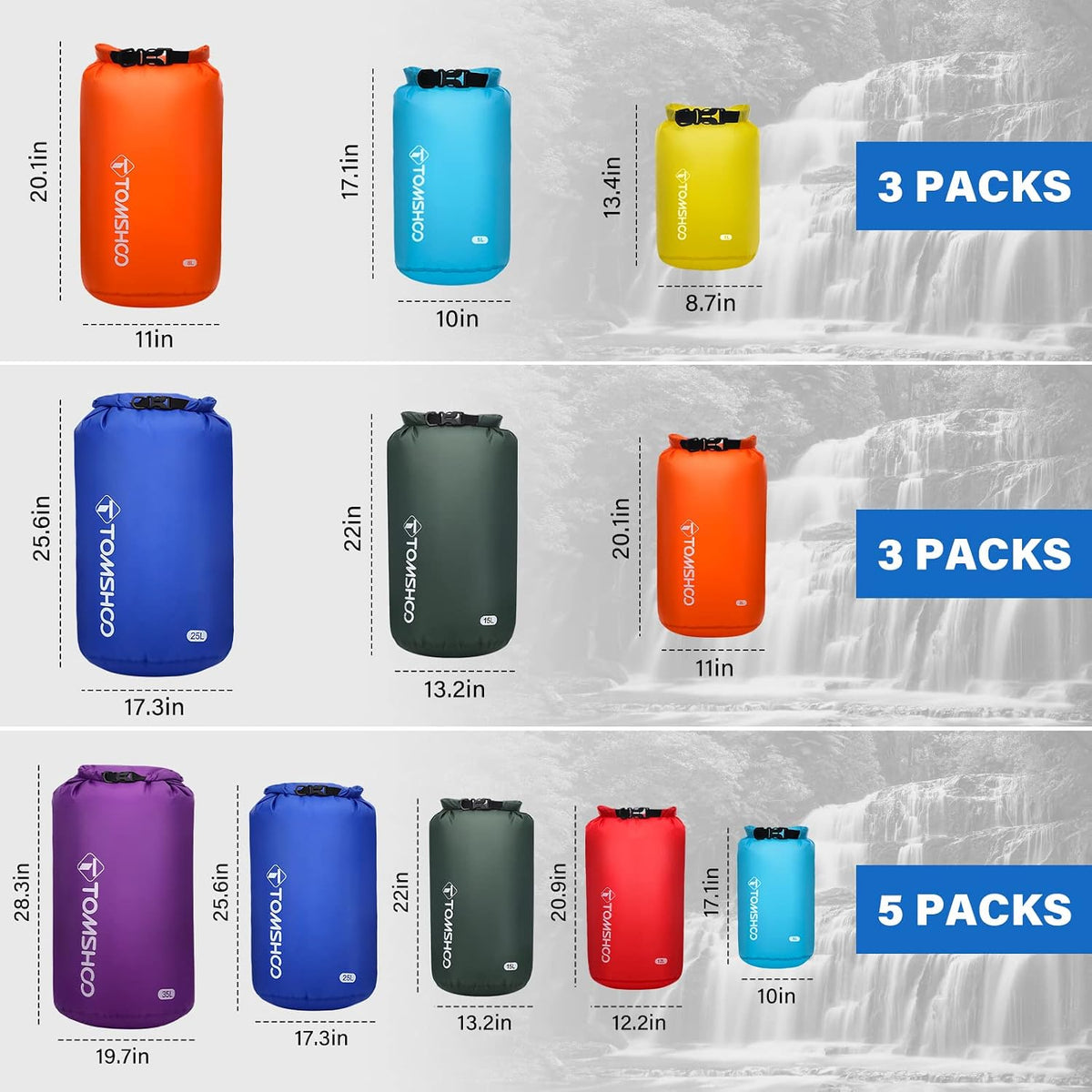 TOMSHOO 3-Pack/5-Pack Dry Bag Lightweight Waterproof