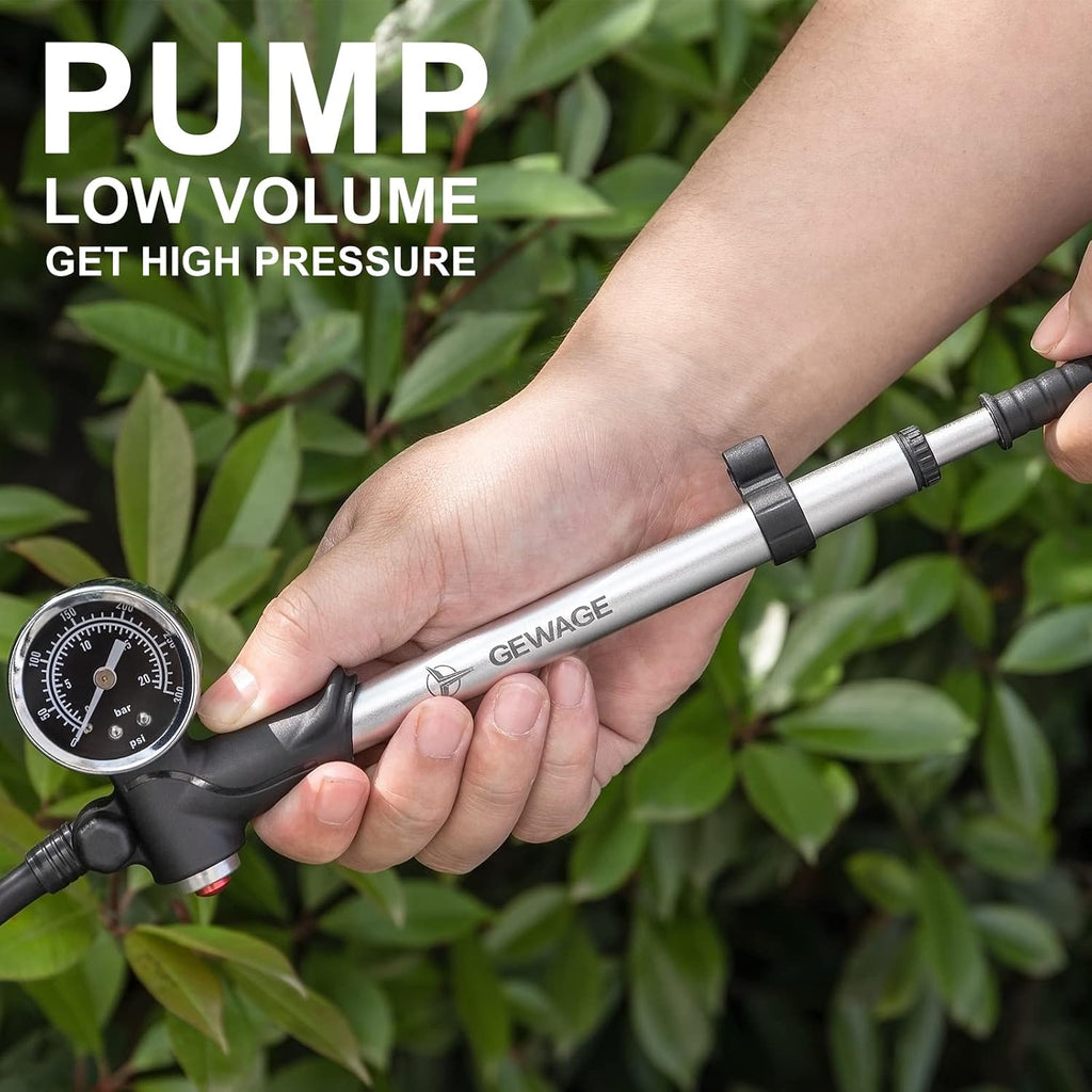 Shock Pump for Mountain, Road Bikes and Motorcycle - 300 Psi High Pressure for Front Fork and Rear Suspension Air Shocks Pump with Gauge -Portable Mini Pump with Air Bleed Button