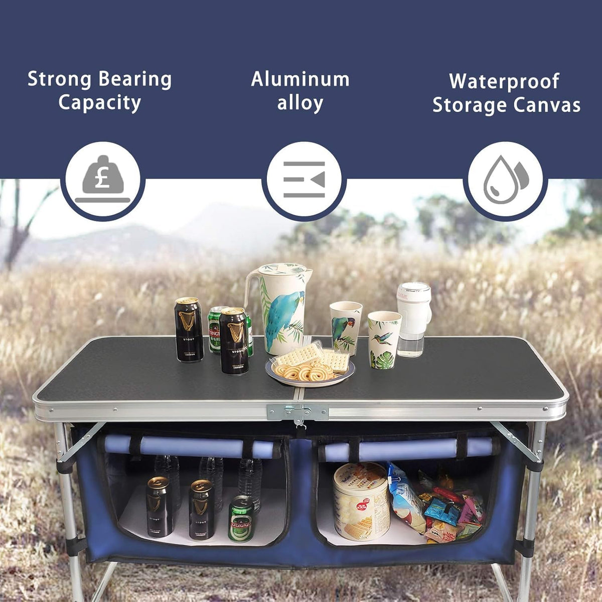 Folding Camping Table with Storage Compartment Aluminum Lightweight Camp Kitchen Table Height Adjustable Indoor/Outdoor Table Perfect for Tailgating, Backyards, BBQ,Picnic, Black