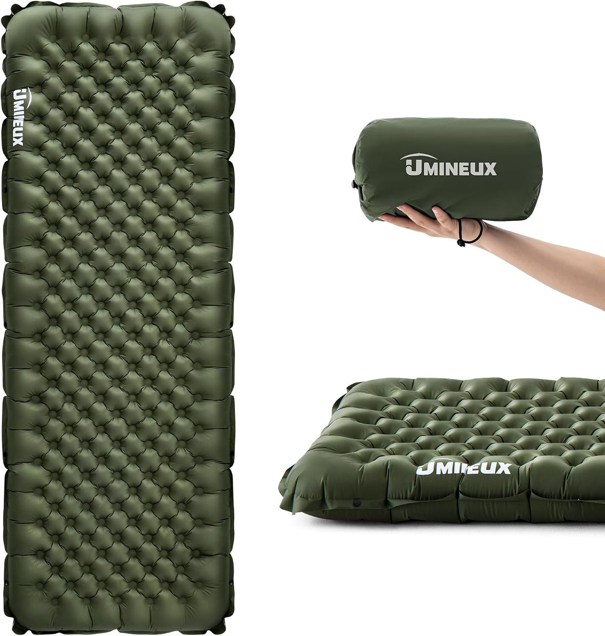 UMINEUX Inflatable Sleeping Pad for Camping, 9.0 R-Value Insulated Camping Pad, Compact All Season Backpacking Sleeping Pad, Lightweight Sleeping Mat for Outdoor Hiking, 75.9 × 25.6in, Green