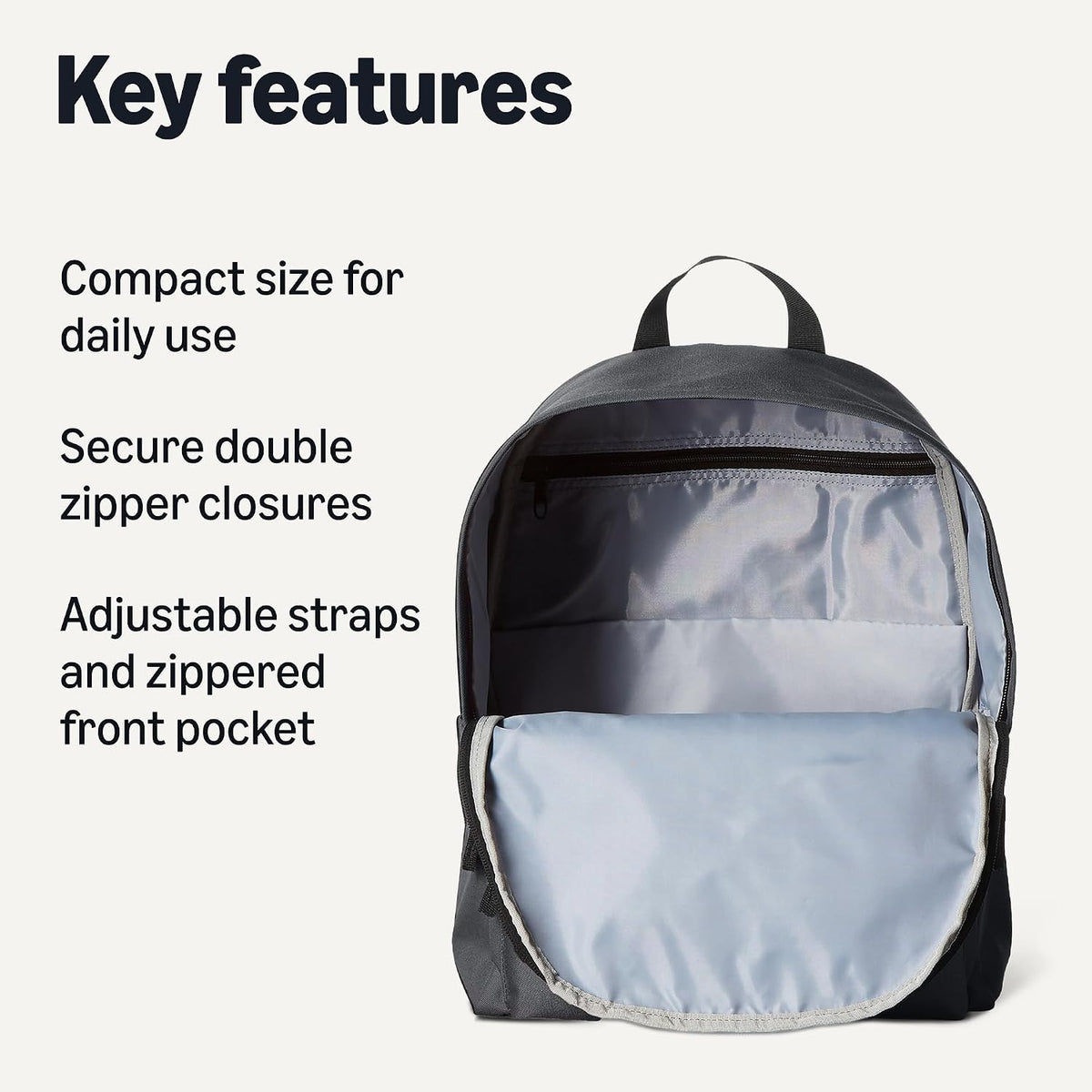 Amazon Basics Classic School Backpack with Multiple Compartments, Sturdy Construction, Adjustable Straps - Grey