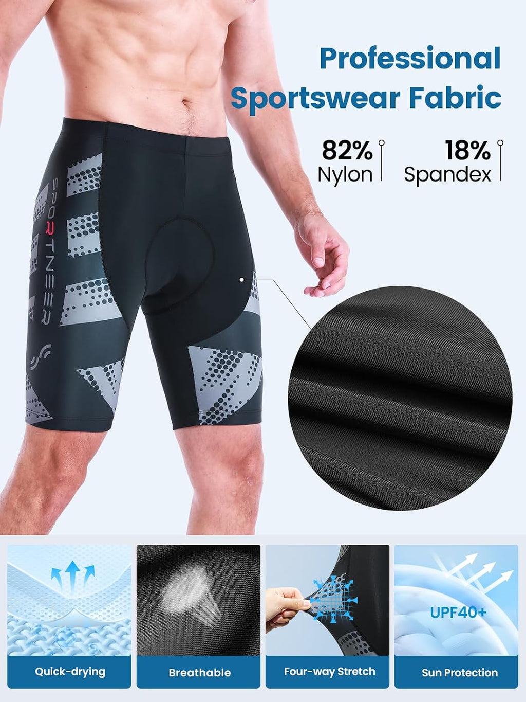 Sportneer Padded Bike Shorts for Men 4D Padding Mens Bicycle Cycling Biking Shorts UPF 50+ Breathable