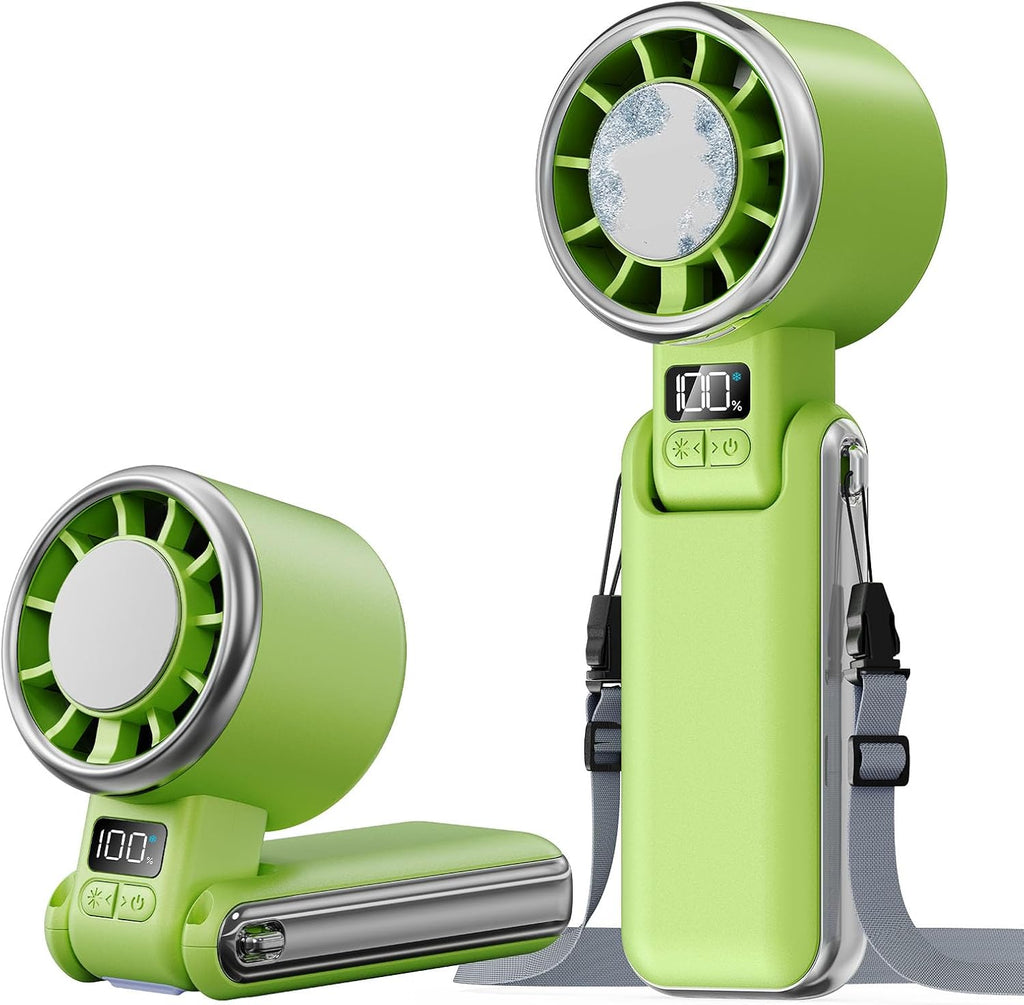 SHEWIND Portable Handheld Fan with Ice Cooling - 5 Gear High Speed Turbo Personal Fan Rechargeable, Up to 11 Hrs, Mini Hand Fans for Travel Essentials, Beach Vacation, Gifts for Women, Men (Green)