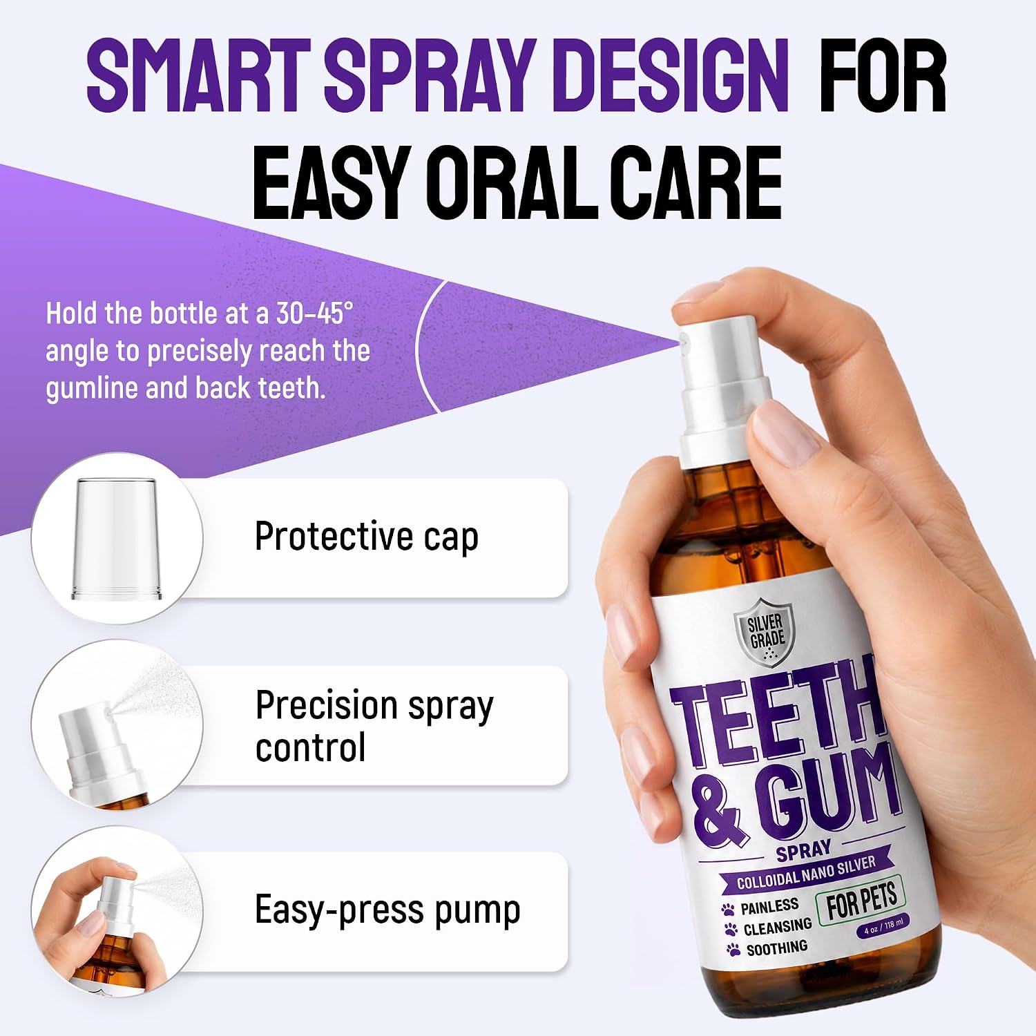 SILVER GRADE Teeth & Gum Cat & Dog Breath Freshener Spray – No Brushing Dog Dental Care Helps with Tartar & Caries – Pet Plaque Remover with Silver 25 PPM – Gentle Formula for Healthy Gums – 4 oz