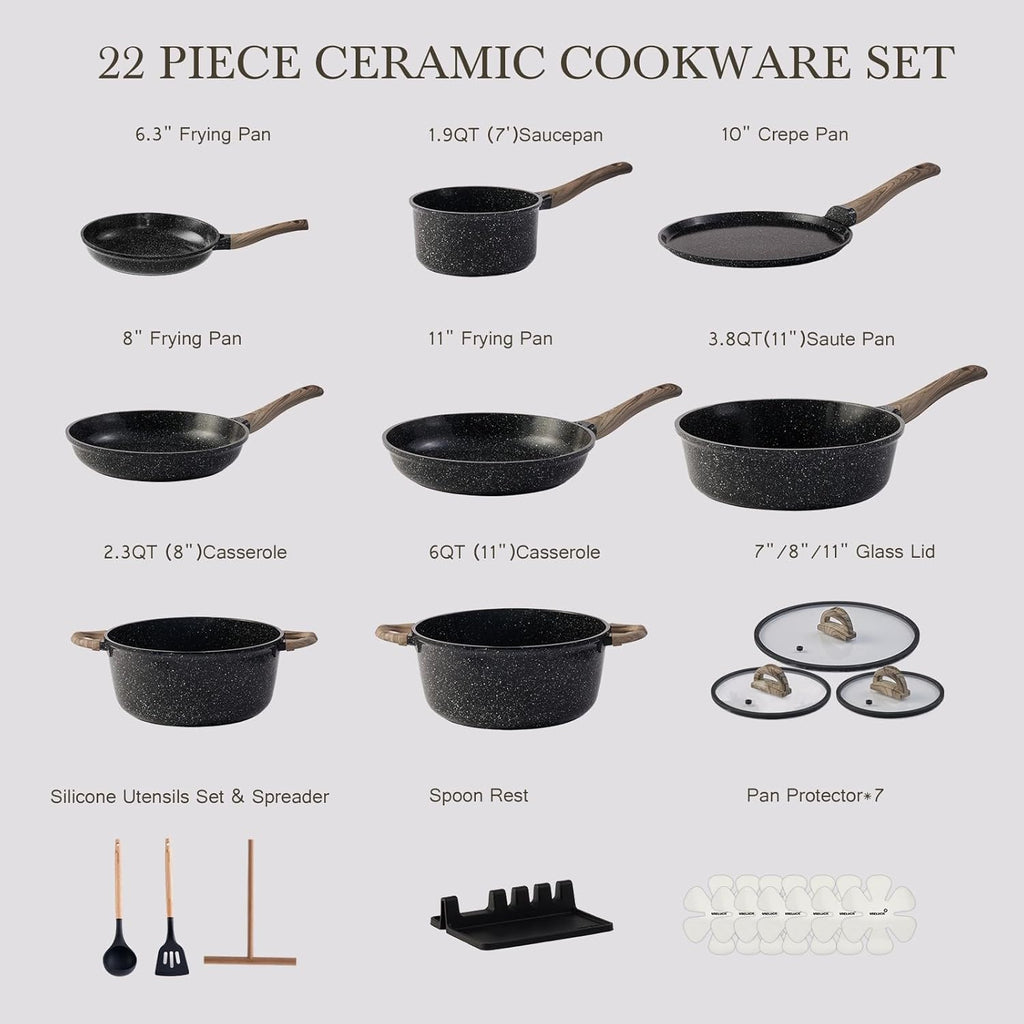 USELUCK 22-Piece Ceramic Cookware Set, Nonstick Pots and Pans Set