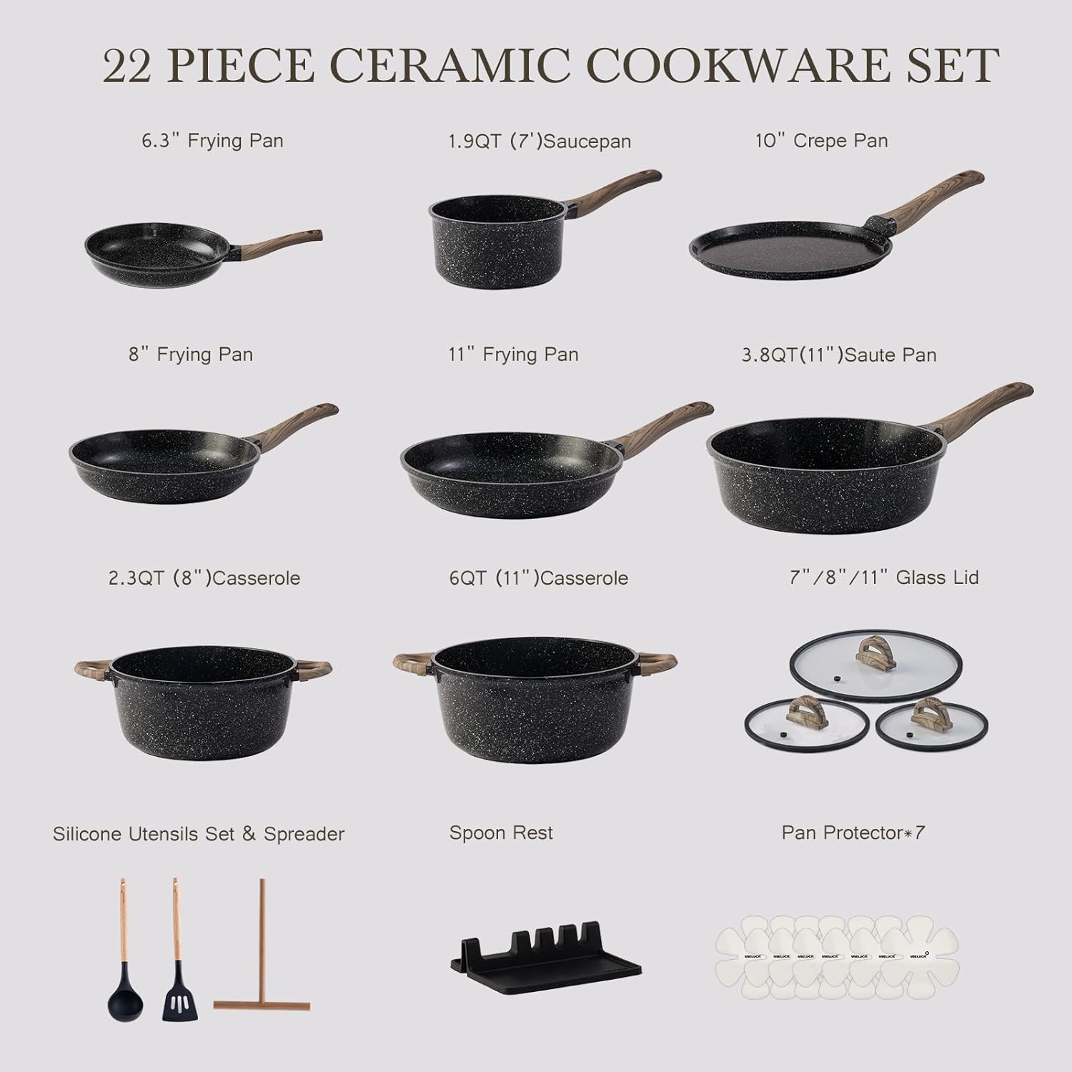 USELUCK 22-Piece Ceramic Cookware Set, Nonstick Pots and Pans Set