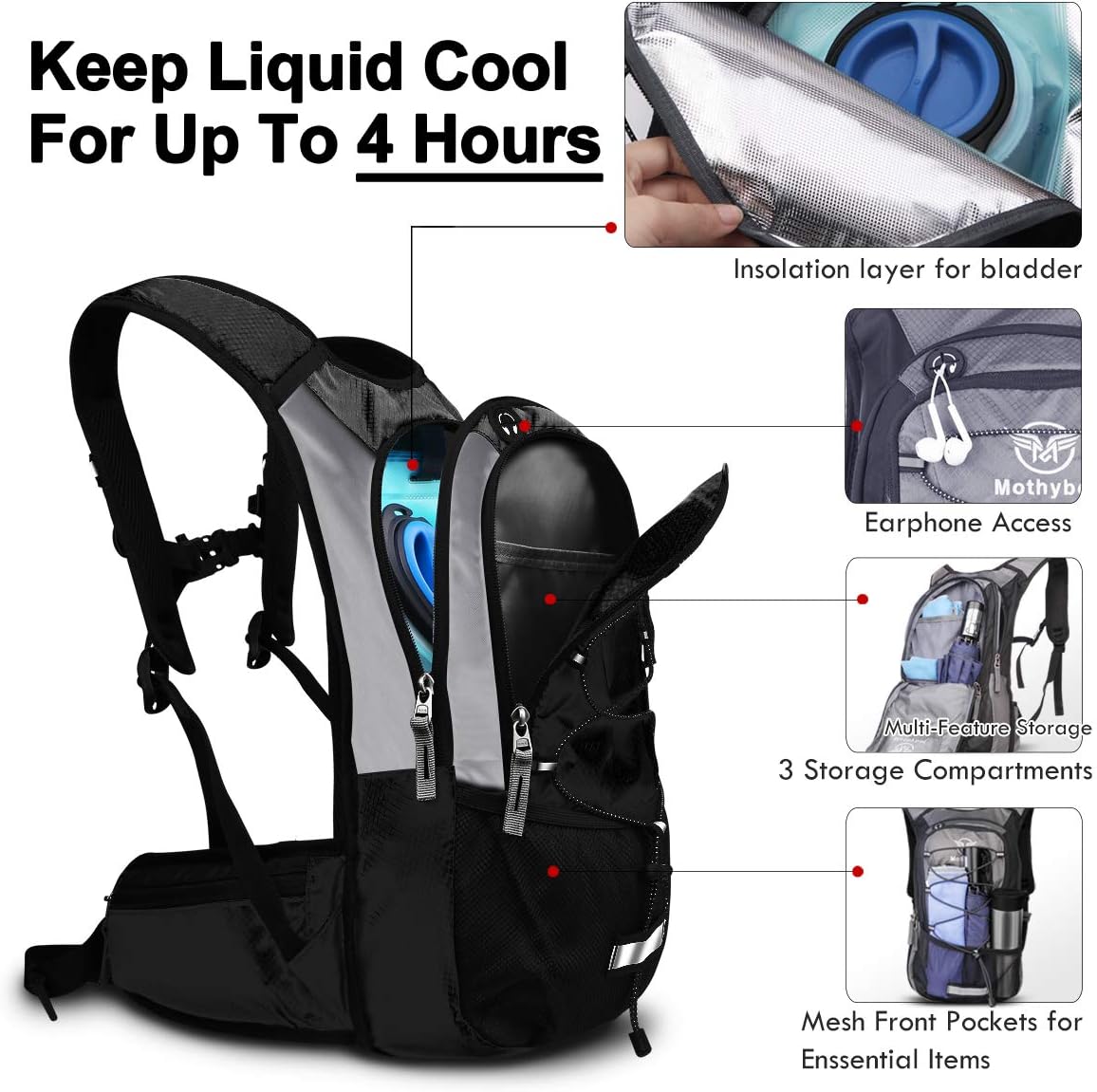 Mothybot Hydration Pack, Insulated Hydration Backpack with 2L BPA Free Water Bladder and Storage, Hiking Backpack for Men, Women, Kids for Running, Cycling, Camping - Keep Liquid Cool up to 5 Hours