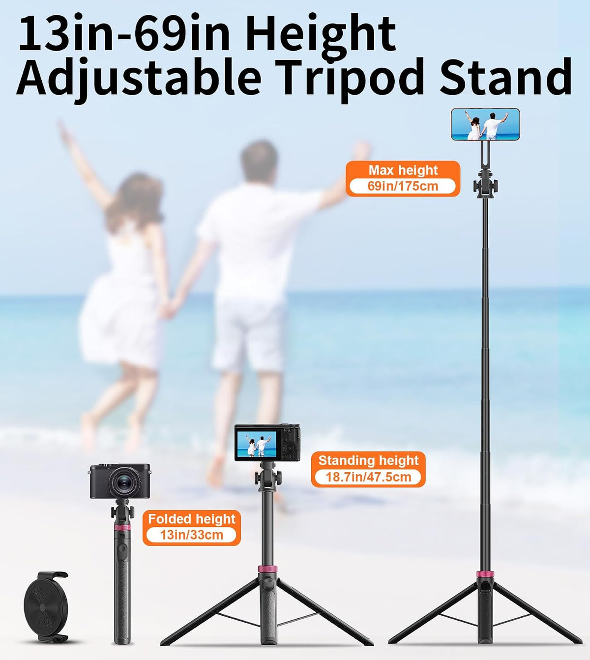 69" Magnetic Phone Tripod Stand Selfie Stick with Remote & Phone Mount