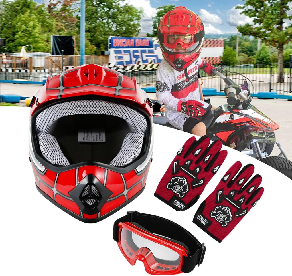 SLMOTO Dot Youth Kids Helmet Motocross Offroad Street Helmet Motorcycle Helmet Dirt Bike Motocross ATV Red Spider Design Helmet+Goggles+Gloves X-Large