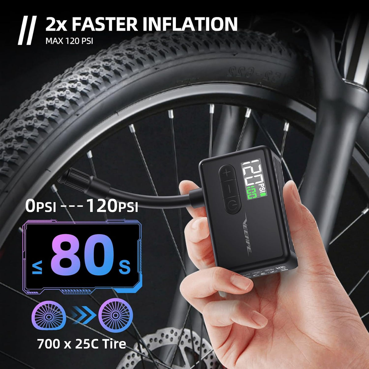Tiny Pump Mini Bike Tire Pump - Max 120PSI Portable Electric Bicycle Pump with Fast Inflation Auto Stop - Bicycle Inflator with Presta Schrader Valve for E-Bikes Bicycles Various Balls