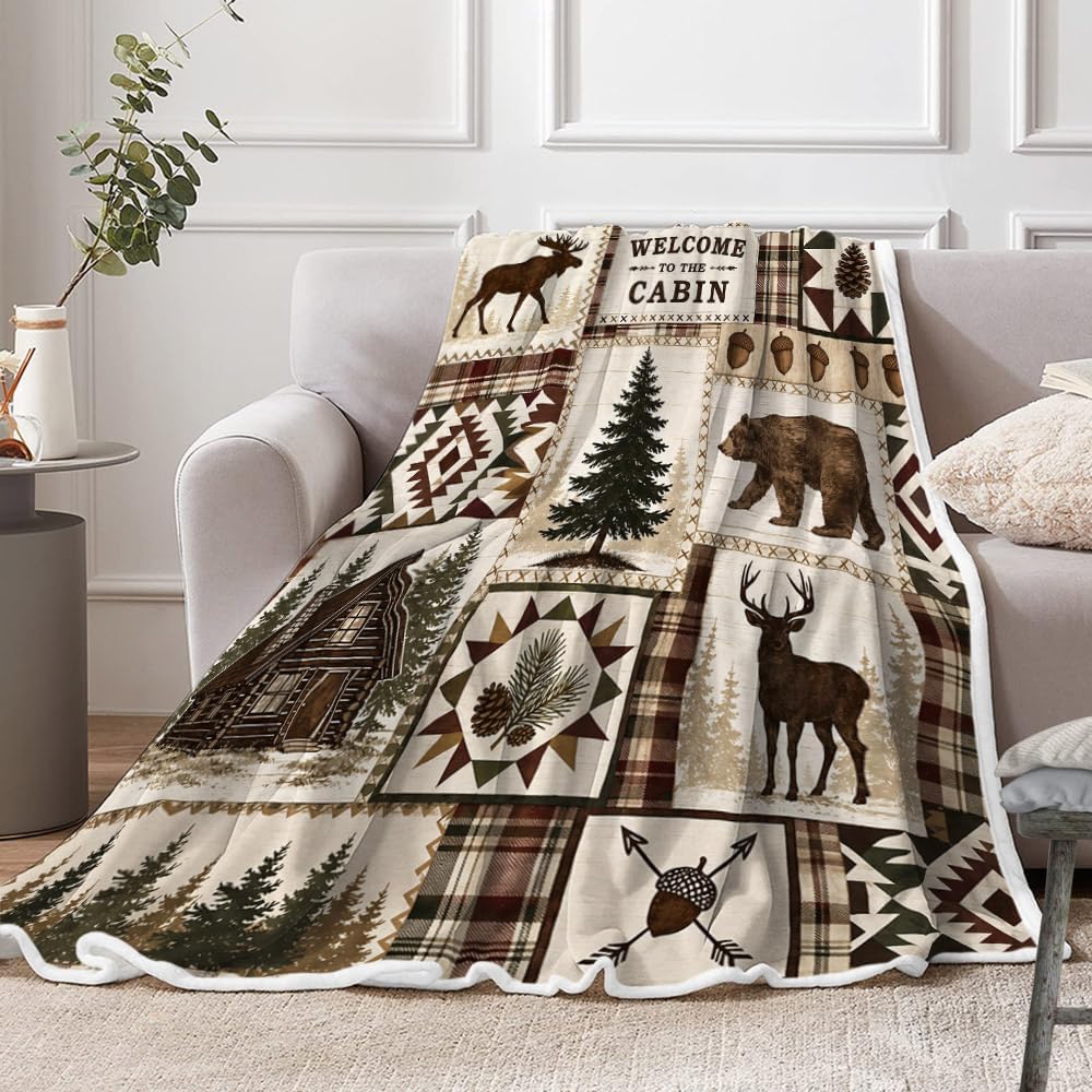 Rustic Cabin Throw Blanket, Welcome To The Cabin Moose Bear Plaid Decor