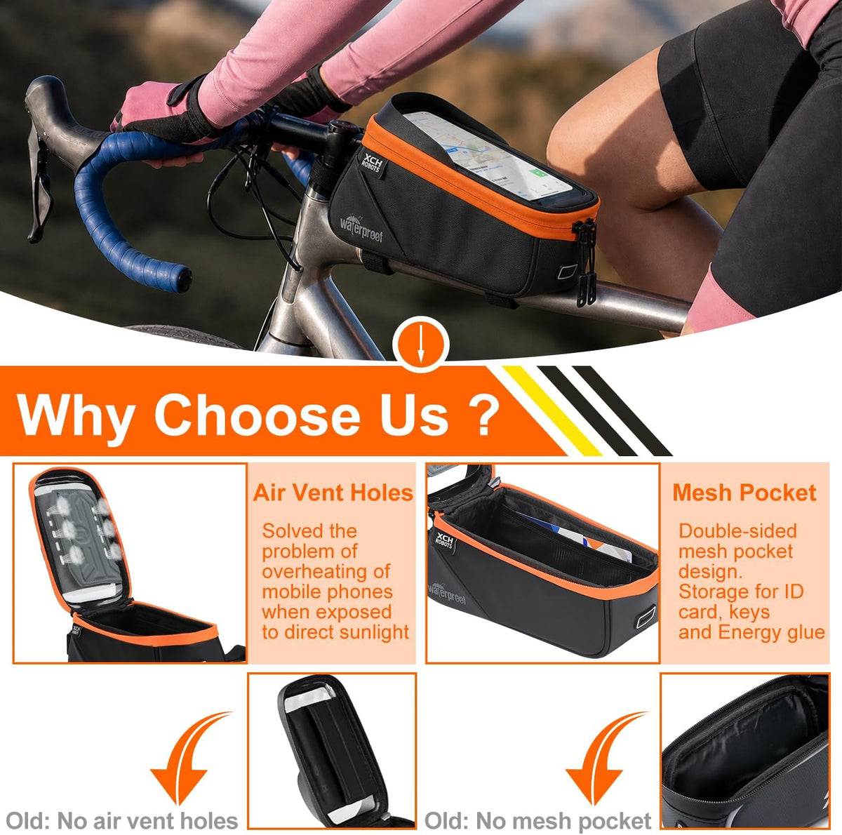 Bicycle Phone Frame Repair Bag with Tire Patch and Inflate Pump - Portable Travel Emergency Tool Kit, Bike Accessories for Adult Bikes with IPX4 Waterproof and Compatible Phone Under 7"