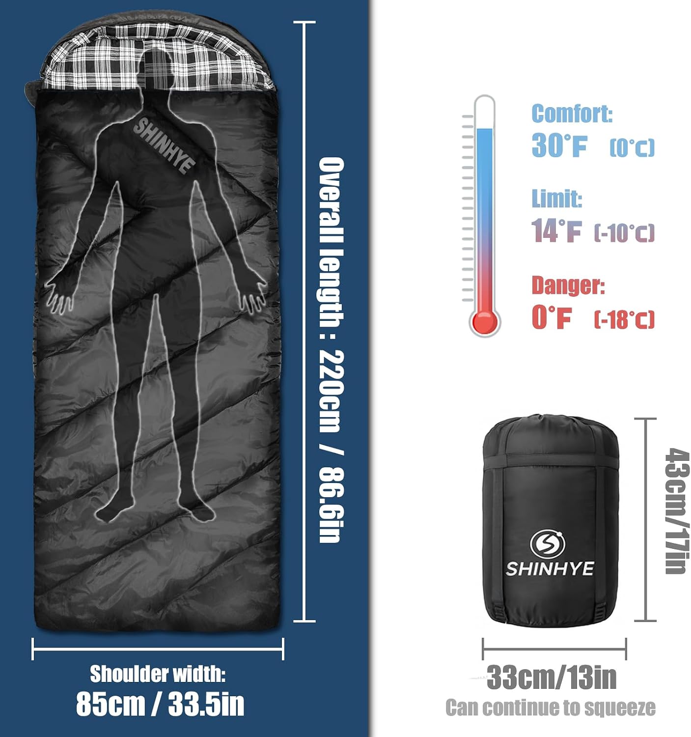 ShinHye 0 Degree Sleeping Bag for Adults - Cotton Flannel 4 Season Cold Weather Winter, XXL Big and Tall Camping Sleeping Bag with Compression Sack