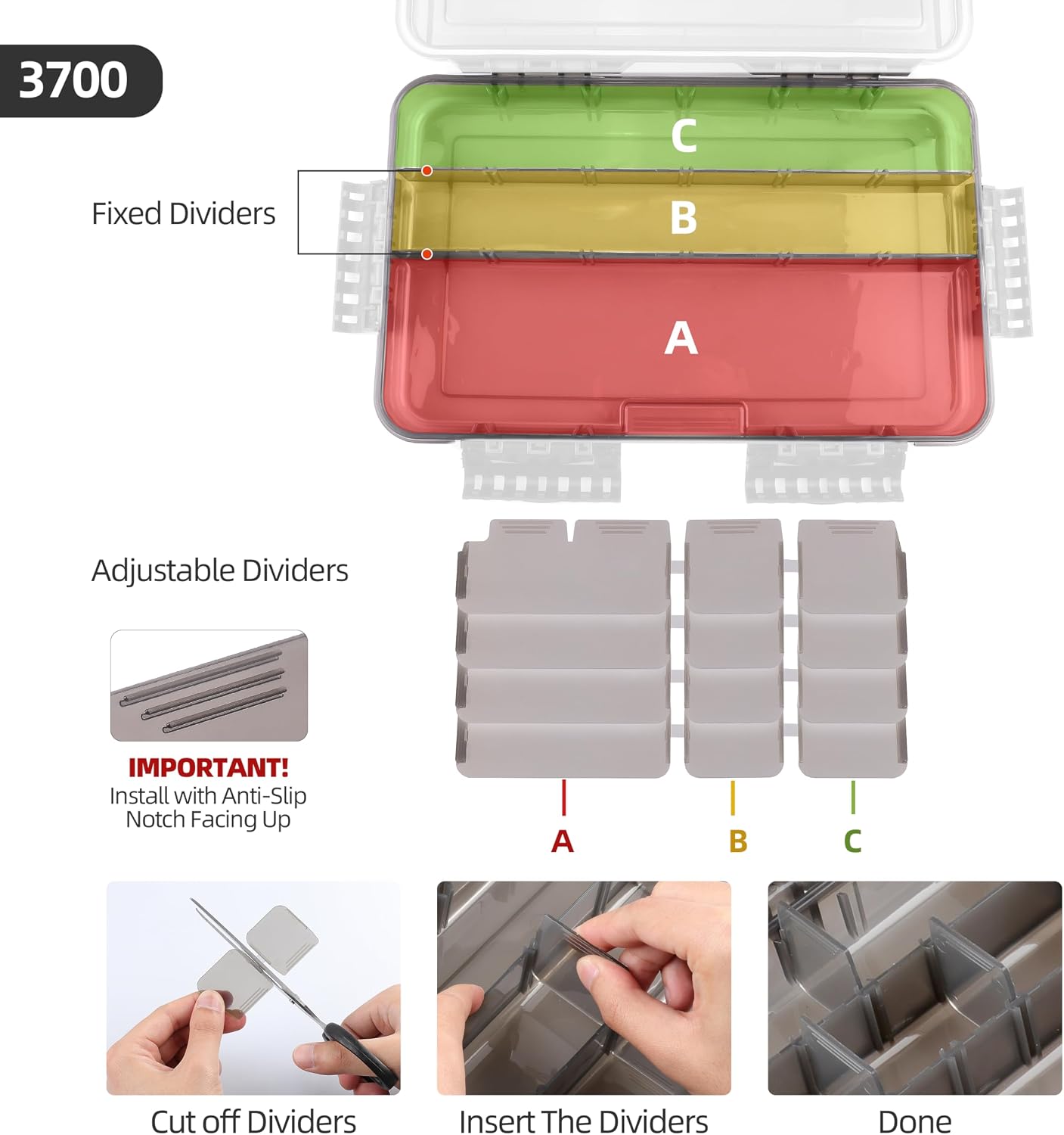 RUNCL Fishing Tackle Box, Waterproof Tray for Jigs Lures, Thicker Floating Tackle Utility Box with Adjustable Dividers, 3600/3700/Large 3700 Size