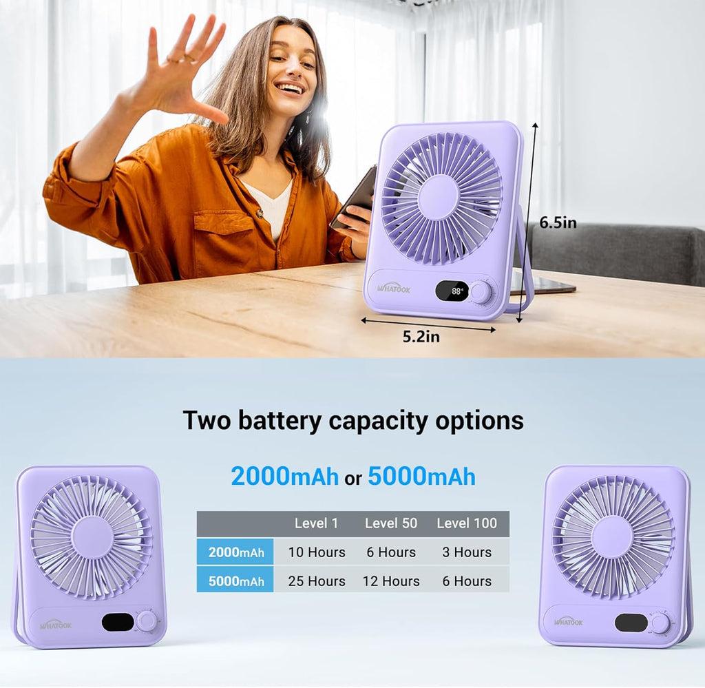 WHATOOK Small Desk Fan Personal Fans: 5000mah 25 Hours Battery Office Quiet Mini Desktop Fan Portable Rechargeable Travel Essentials (Black & Purple, Milliamp Hours, 2000)