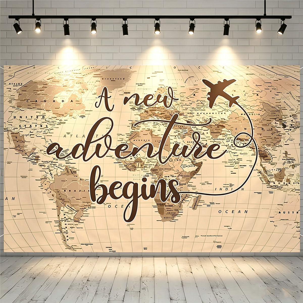 A New Adventure Begins Travel Backdrop Vintage World Map Around World Airplane Birthday Bridal Shower Photography Backdrops Newborn Baby Shower Birthday Party Decoration (7x5feet)