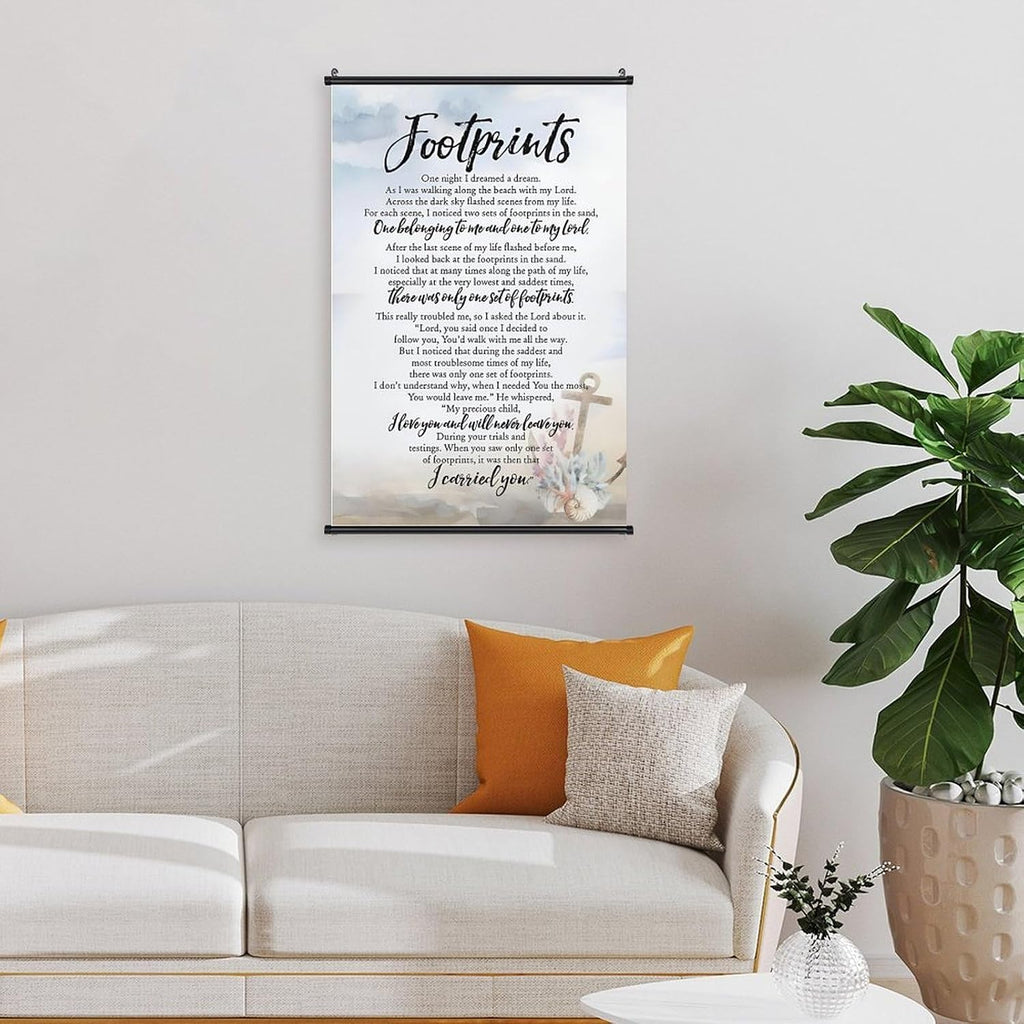 Footprints in the Sand Religious Canvas Wall Art Posters, Inspirational Beach Sunset Poem Print Poster (Black Axis 20x30inch, Footprints(6))