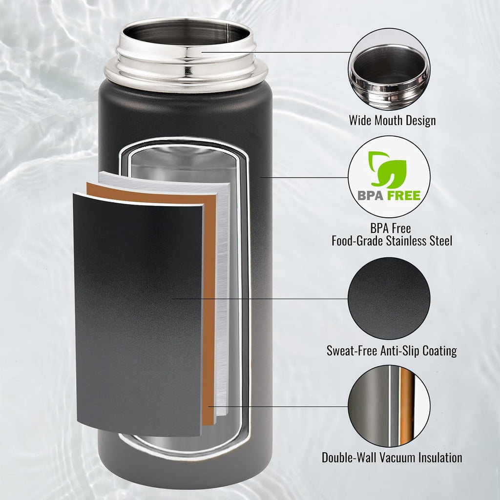 Fijinhom Insulated Water Bottle with Handle, 304 Stainless Steel Water Bottles with Wide Mouth, Double Wall Vacuum Sports Water Bottle, BPA Free, Keep Cold and Hot, 24 Ounces, Black/Gray