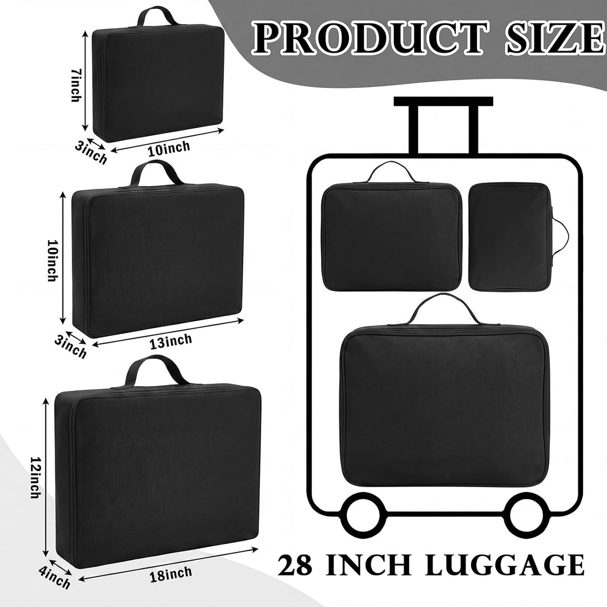 Shinymoon 3 Set 100% Cotton Packing Cubes 3 Sizes Regular Black