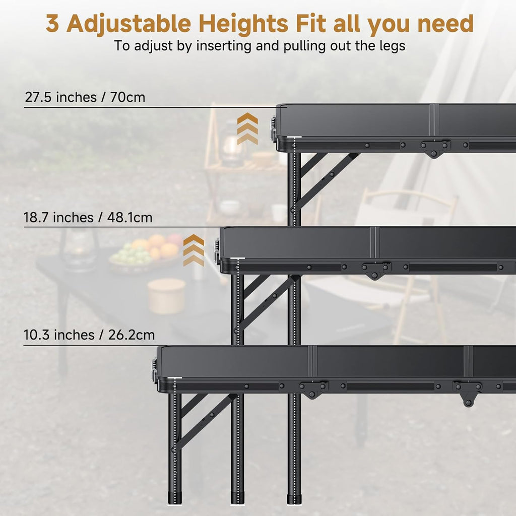 Folding Camping Table, 34.2"x15.7" 3 Adjustable Height Max 27.5"