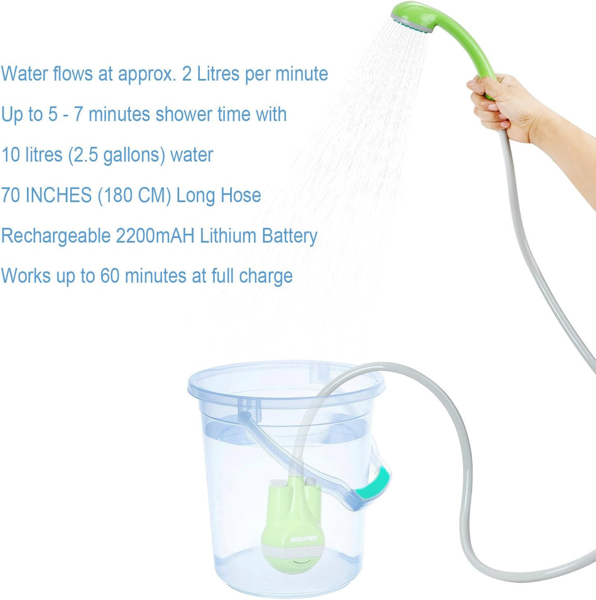 Portable Camping Shower, Outdoor Head, Pump With Rechargeable Battery, USB Charging Line, Pumps Water From Bucket for Hiking, Pet Cleaning, Car Washing