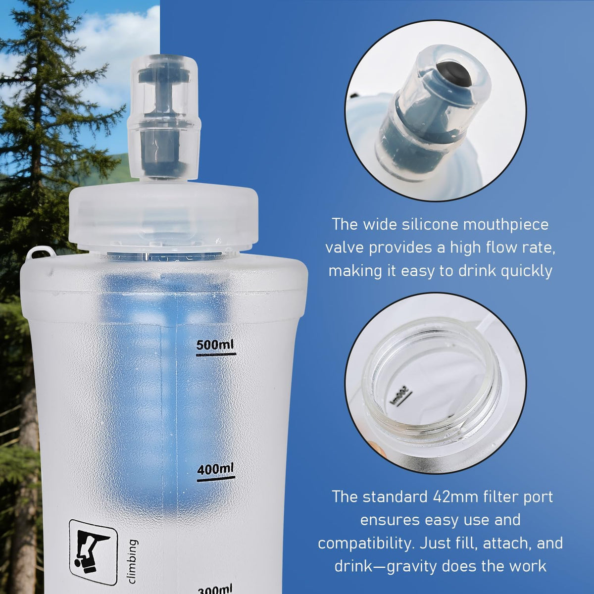 Collapsible Water Bottle with Filter for Travel Hiking Camping 1L