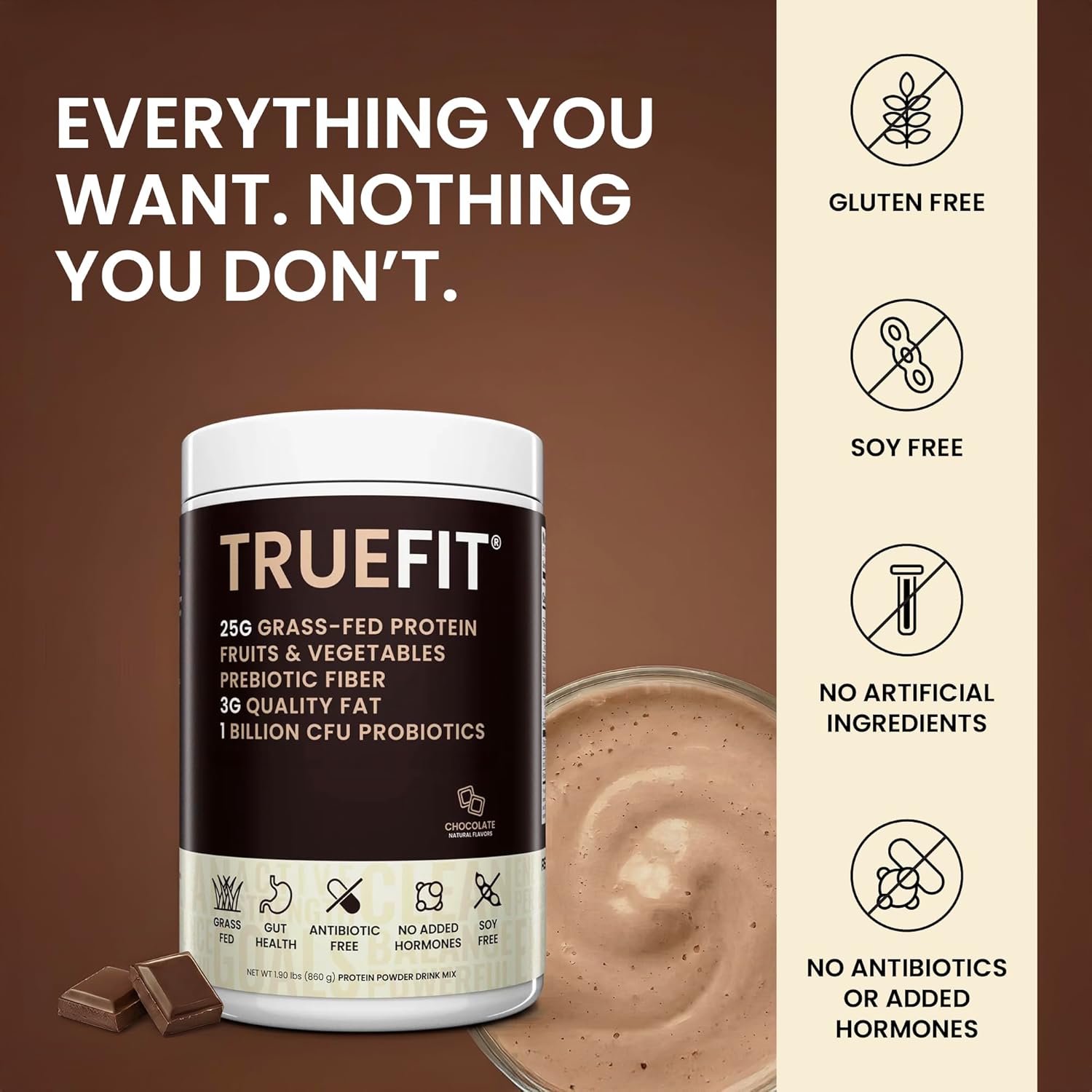 TrueFit Grass-Fed Whey Protein Powder with Fiber for Meal Replacement Shake