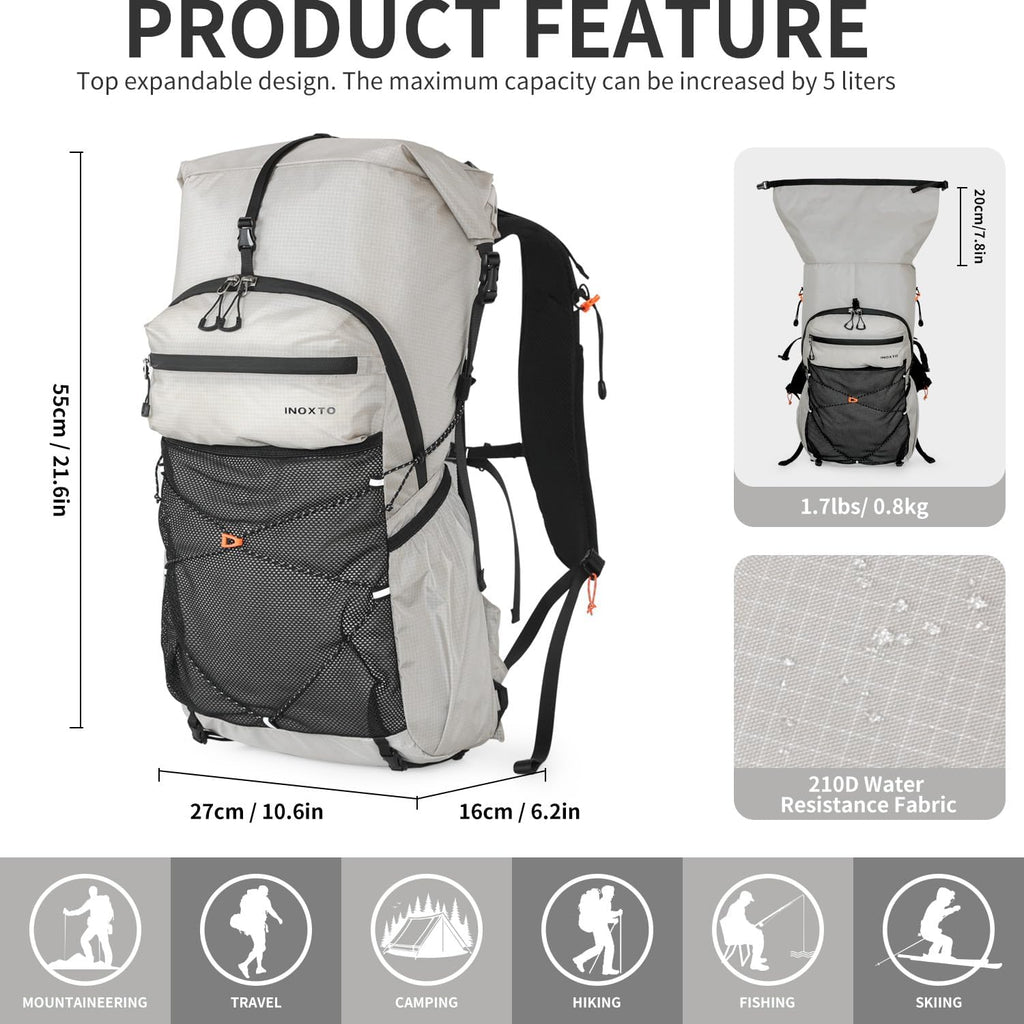 IX INOXTO Hiking Backpack for Men and Women, 30L Waterproof Camping Backpack with 3L Water Bladder and Rain Cover, Lightweight Outdoor Sport Travel Daypack Rucksack for Climbing Cycling (Light gray)