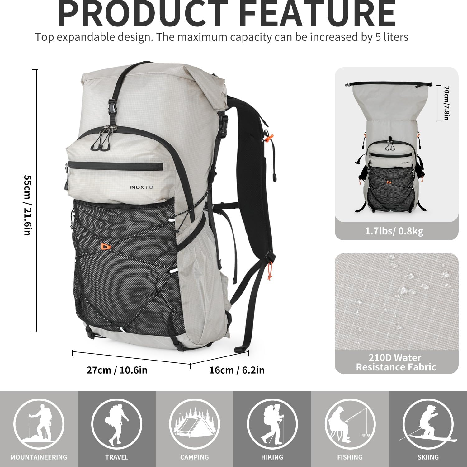 IX INOXTO Hiking Backpack for Men and Women, 30L Waterproof Camping Backpack with 3L Water Bladder and Rain Cover, Lightweight Outdoor Sport Travel Daypack Rucksack for Climbing Cycling (Light gray)