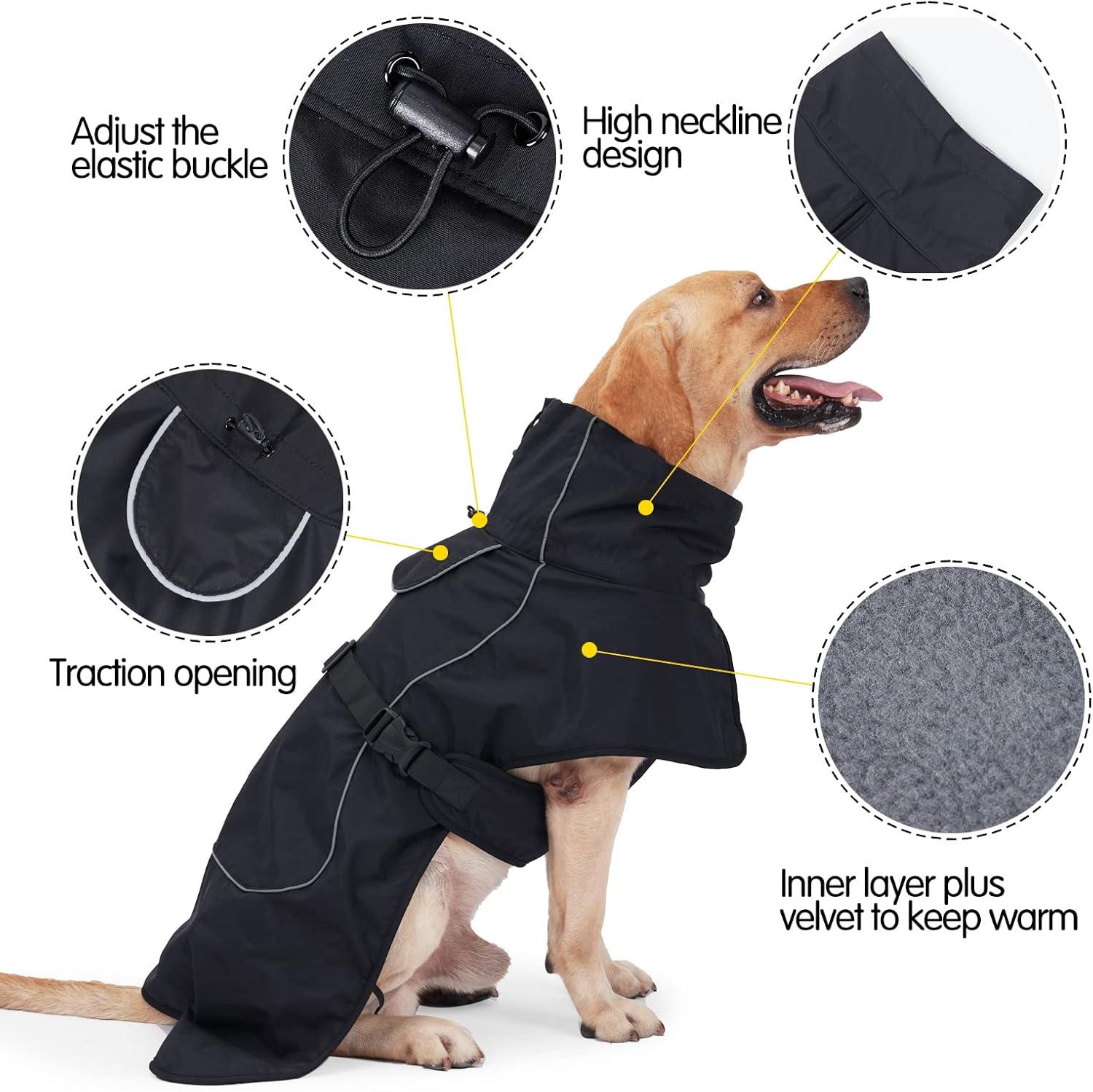 JOHNBOLIN Dog Winter Jacket & Raincoat - Waterproof Windproof Reflective Coat with Warm Insulation, All-Weather Hiking Travel Gear for Indoor/Outdoor Use (Black, Large)
